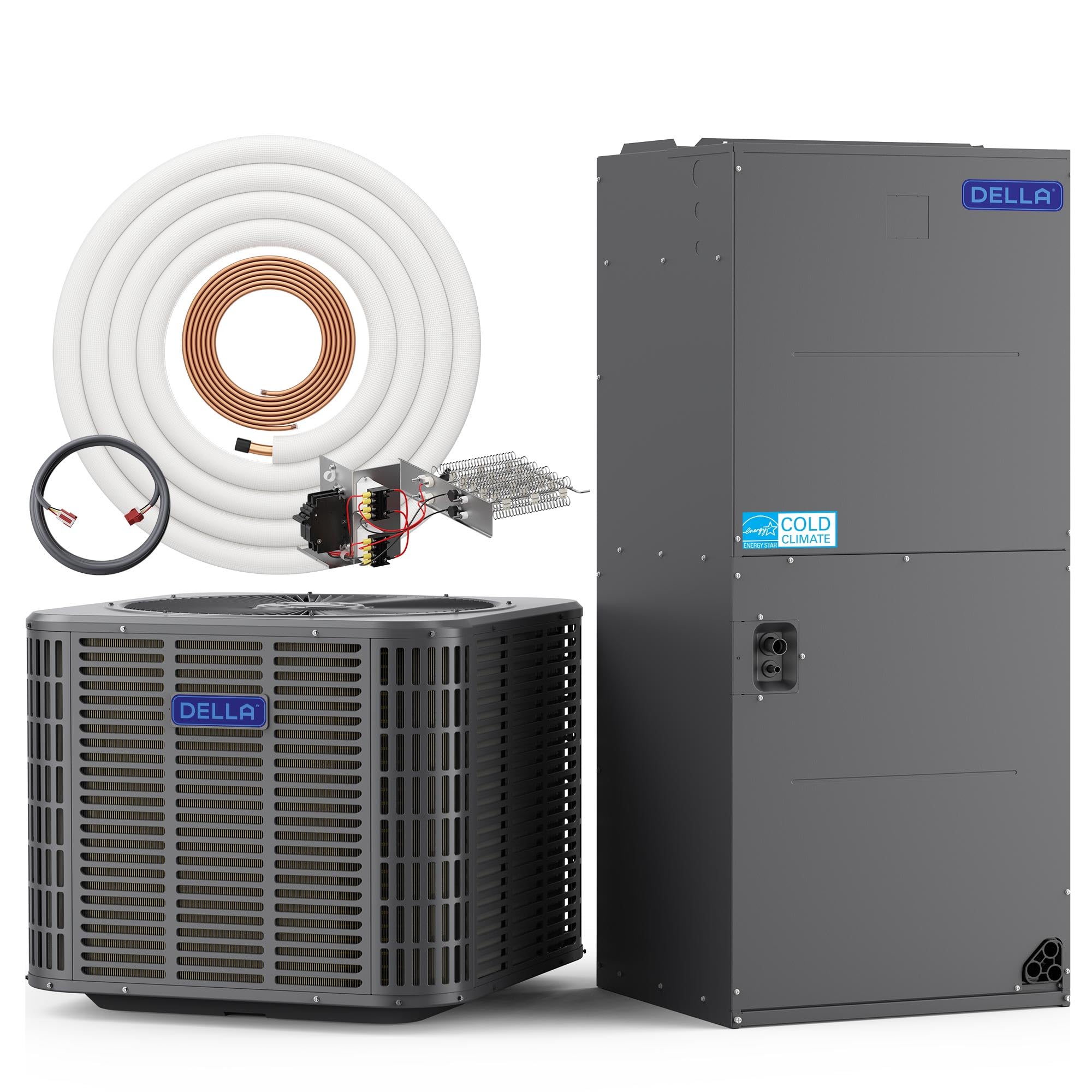 DELLA 34,000 BTU Ducted Central Air Conditioner with Air Handler, Heat Pump Inverter System, 19 SEER2 208-230V, Two-Stage Compressor, Pre-Charged, 35ft Kit Installation, 15kW Heat Kit