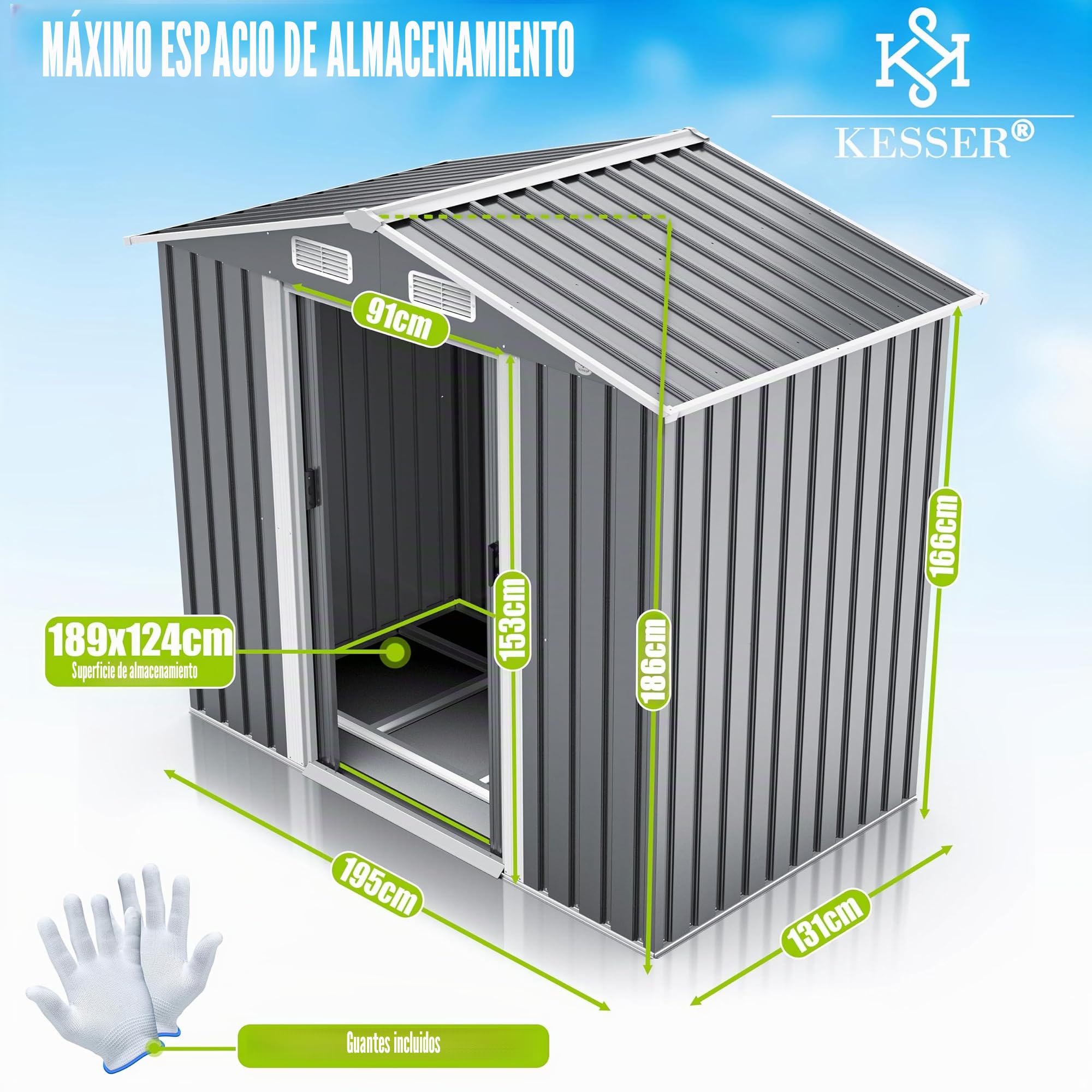 KESSER Cobertizo de Jardín XL de Metal 4,2 m³ con Base | con Guantes de Trabajo | 195 x 131 x 186 cm | 2 Puertas Correderas y Bases | Armario | Techo a Dos Aguas