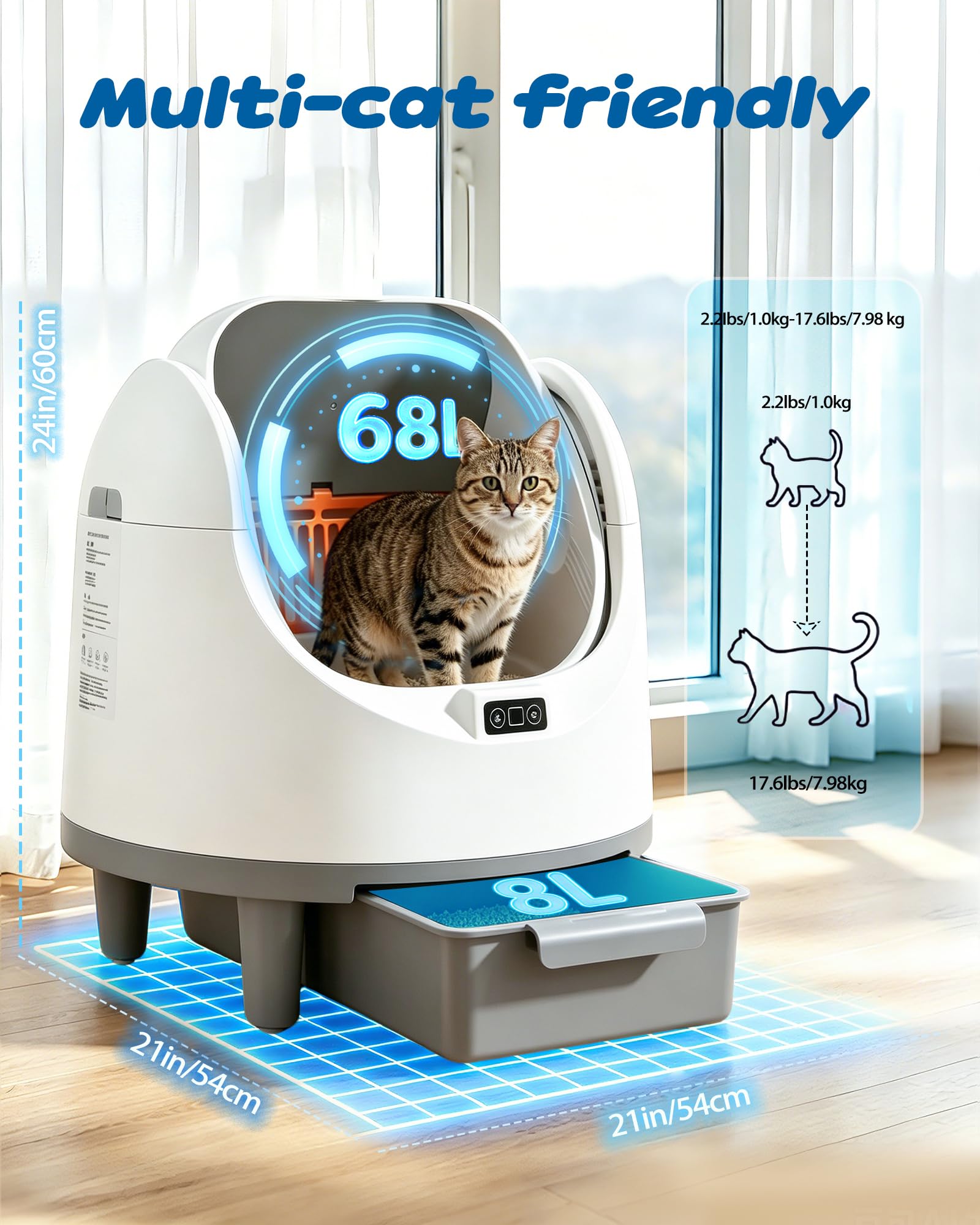 Lettiera Gatto Autopulente, Lettiera Autopulente per Gatti, 68L + 8L, XXL | Lettiera Autopulente, Sicuro, Antiodore, Controllo APP, Ampio Spazio, Facile Manutenzione, Tappetino Gatto,adatto a Più Gatti