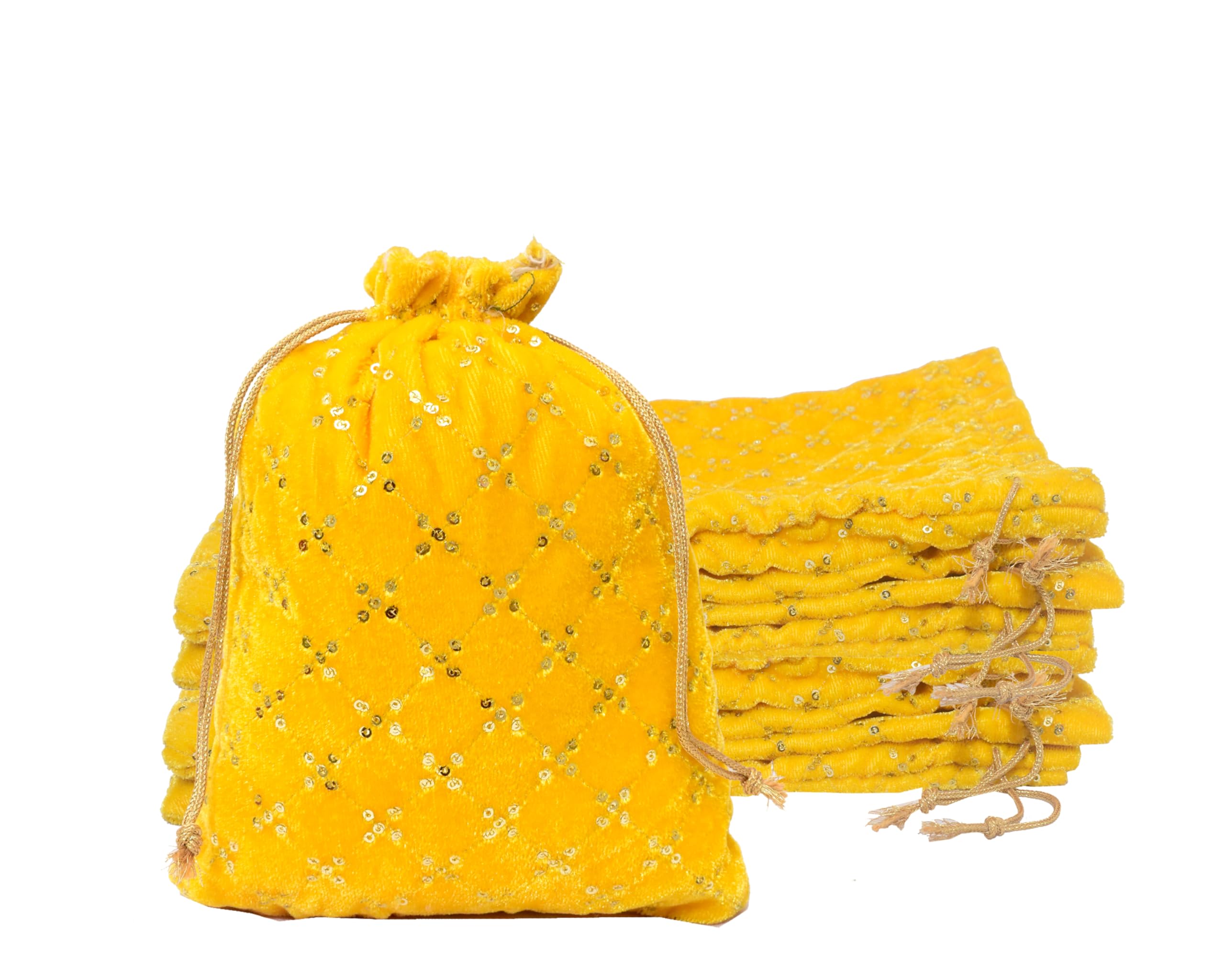 7x9 inch 10 pcs Medium Velvet Embroidered Women Potli for ladies for return gifts| Traditional Indian Goody Bags Yellow Drawstring Pouch for Wedding Gift Jewellery Packaging Party Favors by Dulhan-image-7