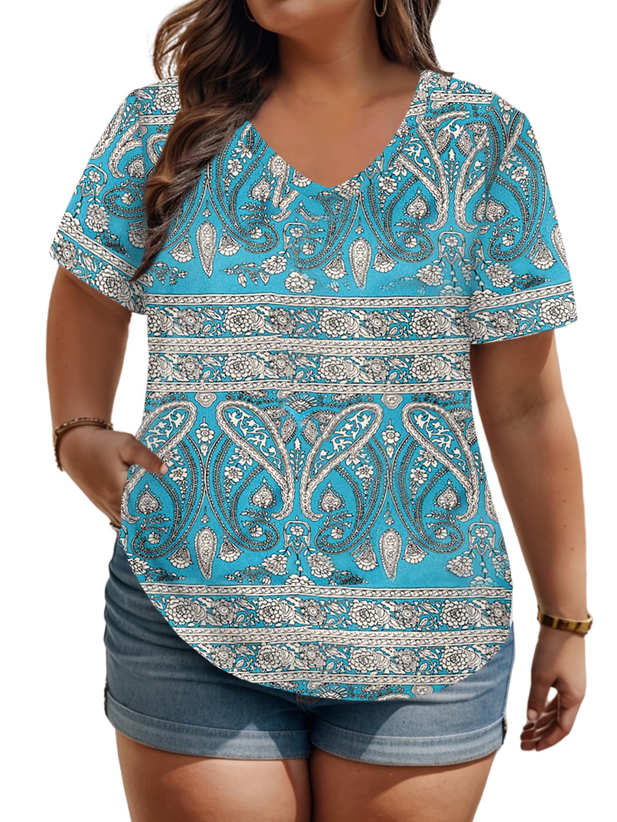 ROSRISSPlus Size Tops for Women Casual Summer T Shirts V Neck Short Sleeve Tunics