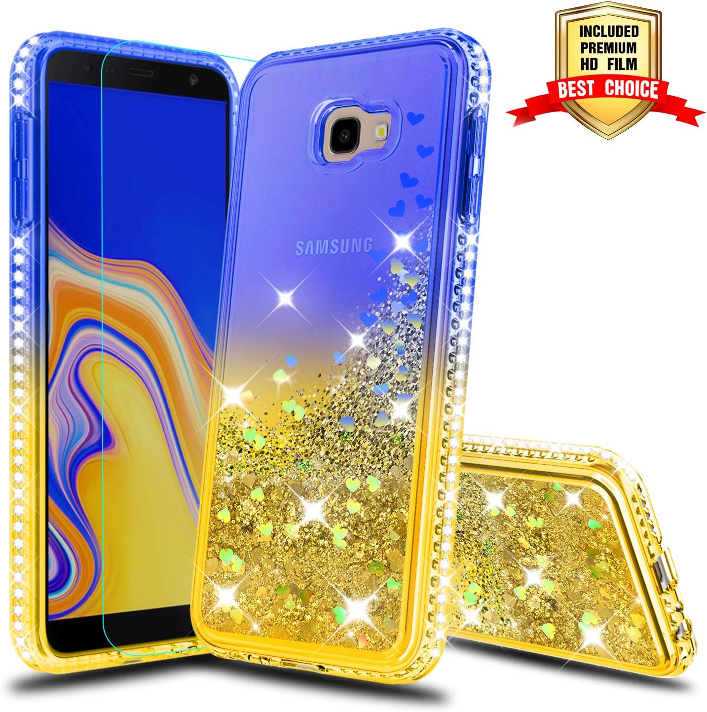 ATUMP Case for Samsung Galaxy J4 Plus cases with Screen Protector, Girl Women 3D Glitter Liquid Moving Cute Clear Silicone Gel TPU Shockproof Phone Cover Covers for Samsung J4 Plus B/Y