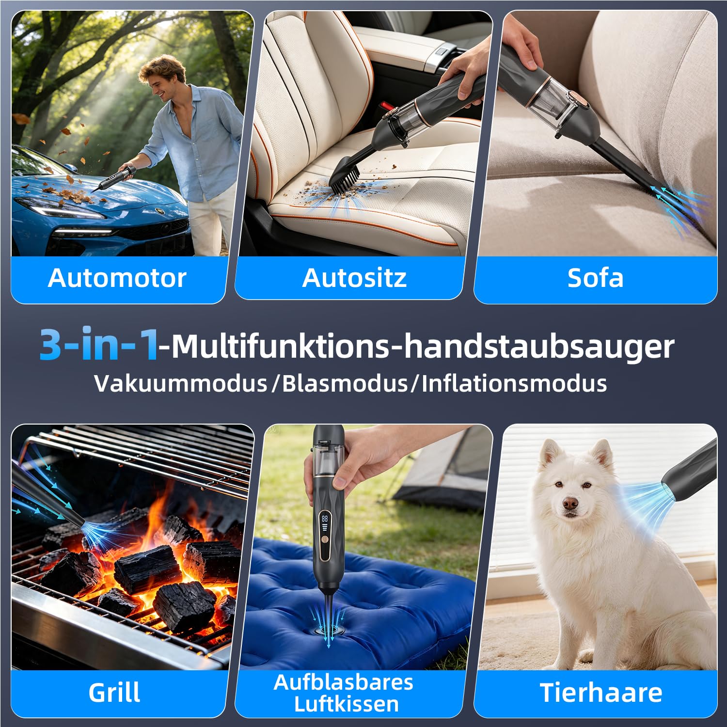 Ombrex 20000pa Handstaubsauger Akku, 3 IN 1 Auto Staubsauger Stark mit 4 Saugmodi, Portable Vacuum Cleaner für Auto, Haustiere,Sofa,Büro, Mini Staubsauger 7500mAh(Schwarz)