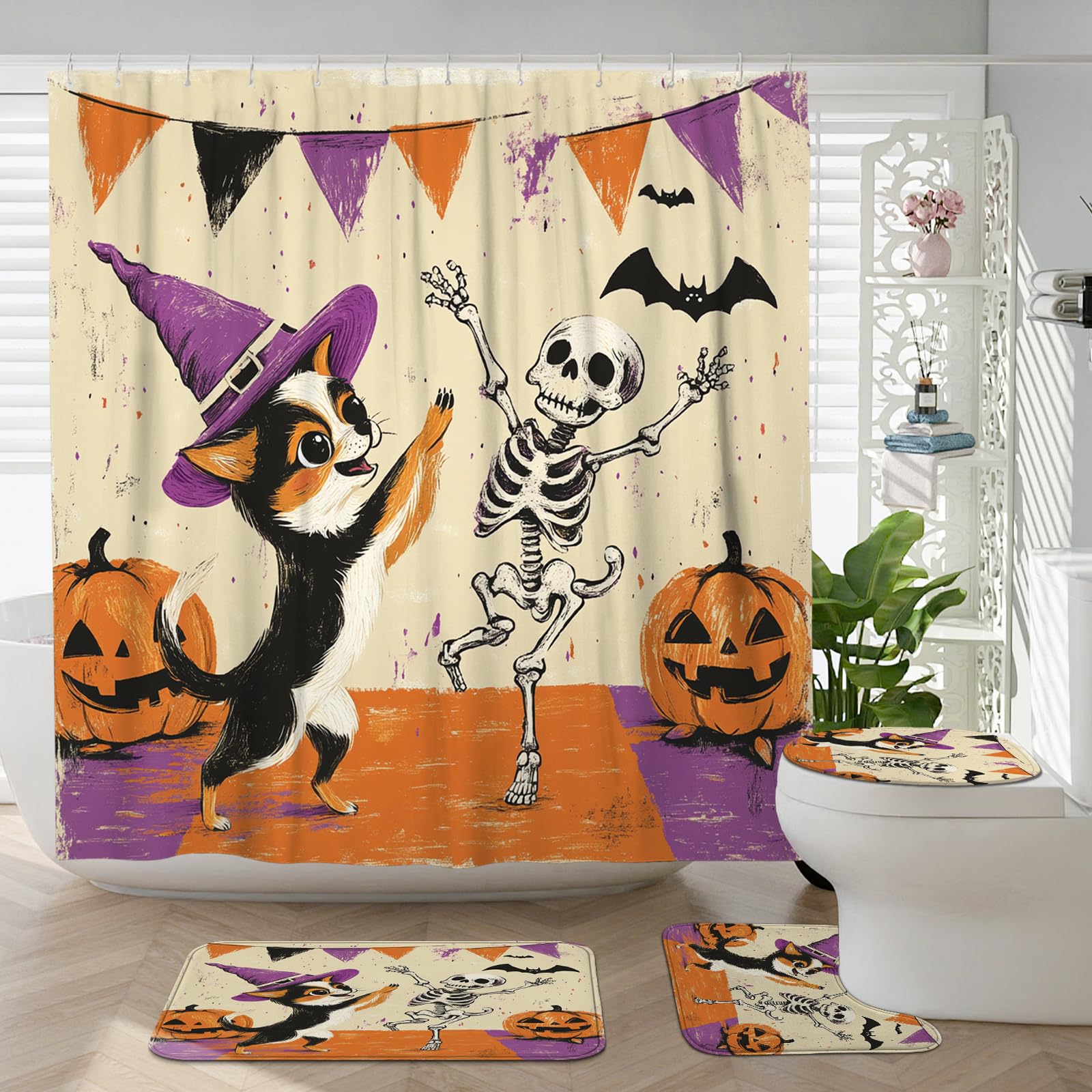 Accessoires de bain pour Halloween ensemble complet de 4 pièces avec tapis crâne 183