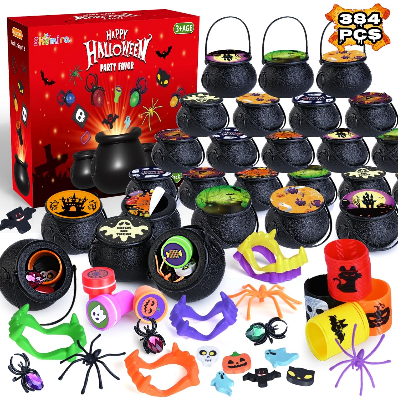 384 PCS Halloween Party Favors Bulk for Kids, 48 Pack Prefilled Witch Cauldrons with Halloween Toys, Halloween Goodie Bag Fillers, Halloween Party Supplies, Halloween Miniatures Novelty Toys