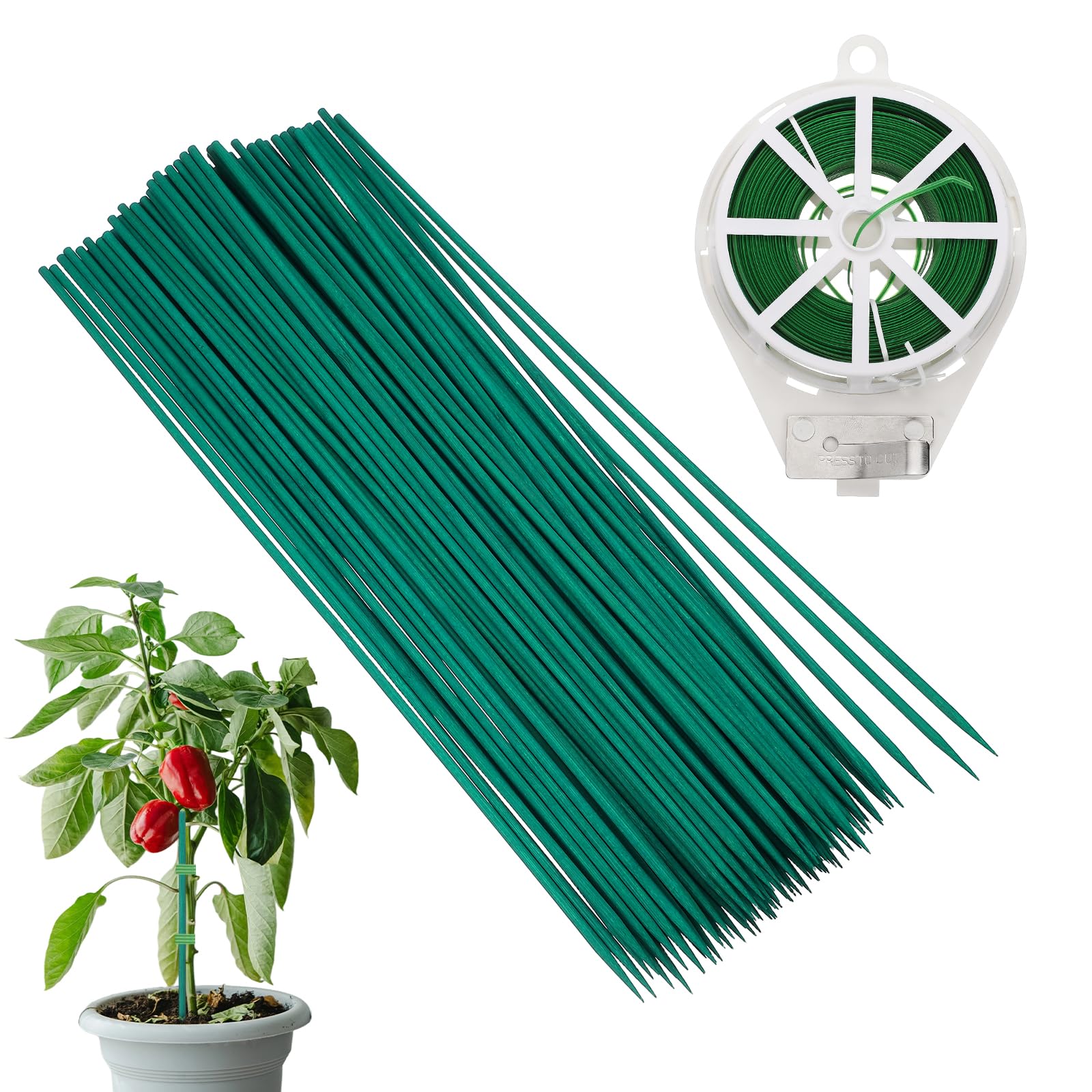 sourcing map Garten-Pflanzstäbe aus Holz, 0,5 x 50 cm, Bambusstäbe, Blumen-Pflanzenstütze mit 100 m PVC-beschichtetem Draht für Topfpflanzen im Innenbereich, Grün, 100 Stück