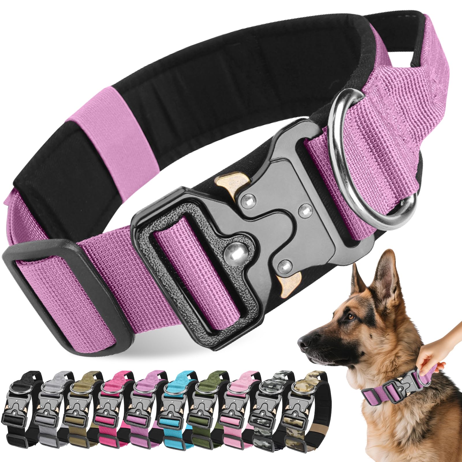 Tactical Dog Collar, Adjustable Heavy Duty Wide Thick Dog Collars with Quick Release Buckle, Soft Padded and Comfortable Pet Collar for Small Medium Large Boys Girls Dogs (Purple, L) — image 1