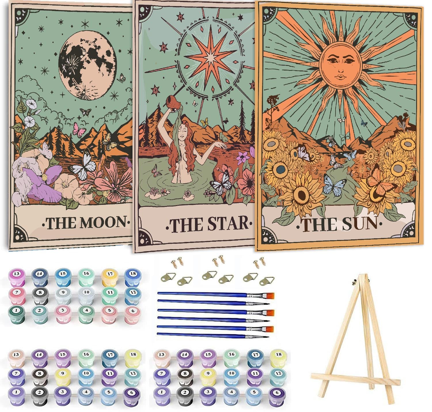 WUDWL Paint by Numbers Kit for Adults Framed Canvas, 3 Pack with Wooden Easel,Paint by Numbers for Kids Ages 8-12, Sun and Moon DIY Acrylic Landscape Oil Painting Arts Crafts, 9.45x11.8inch