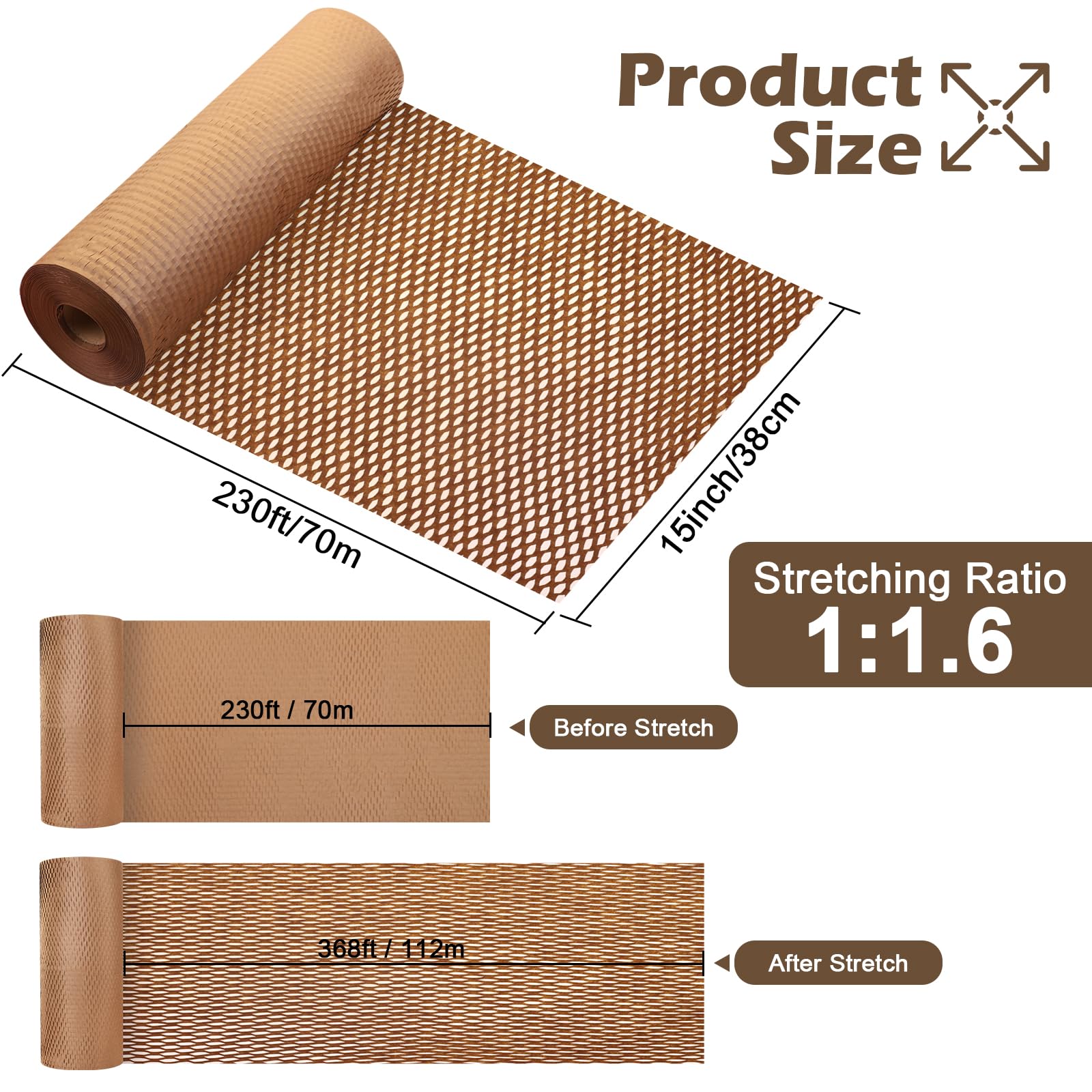 Rollo de papel de panal de abeja 38 cm x 70 m, Papel de embalaje marrón con 36 etiquetas adhesivas para artículos frágiles, alternativa al papel burbuja, para envolver regalos y artículos frágiles