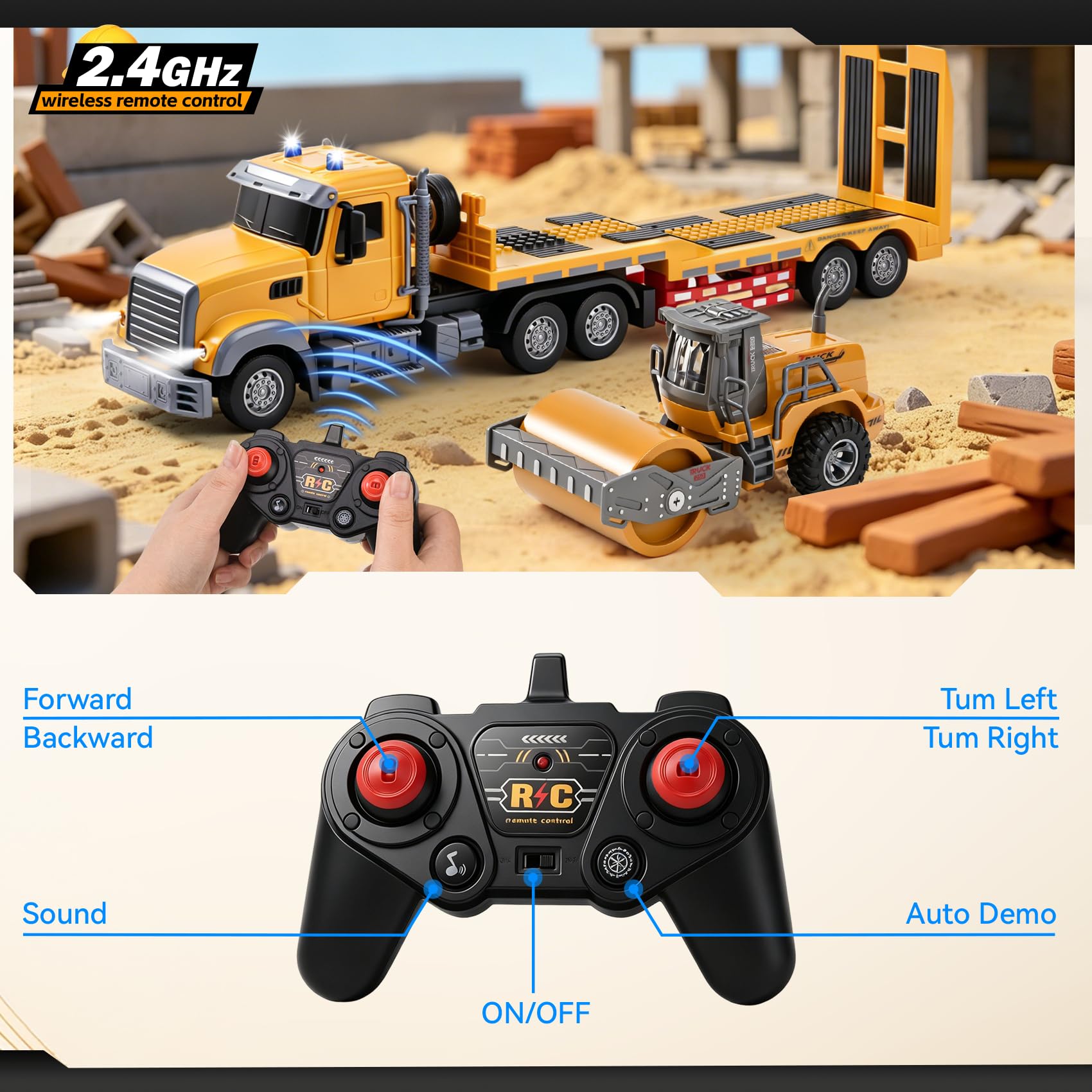 Camión teledirigido con remolque, carga baja de 2,4 GHz, mando a distancia con sonido y luces, semirremolques RC de ingeniería con rodillo de carretera, juguetes para vehículos de construcción