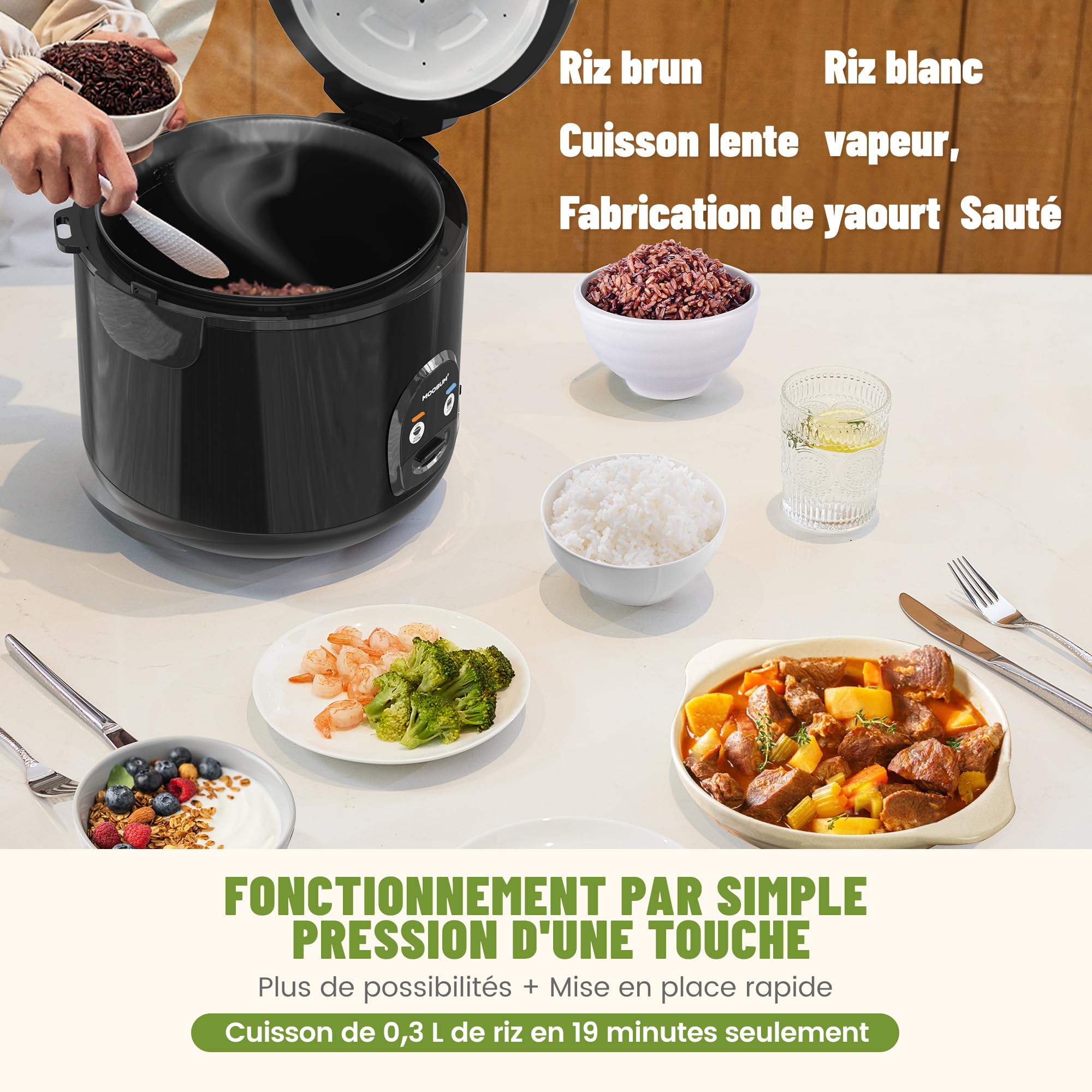 Cuiseur riz (rice cooker) & cuiseur à vapeur Noir avec fonction de maintien au chaud - 0,8 l pour 2-5 personnes - Revêtement céramique avec insert pour cuiseur à vapeur,Noir