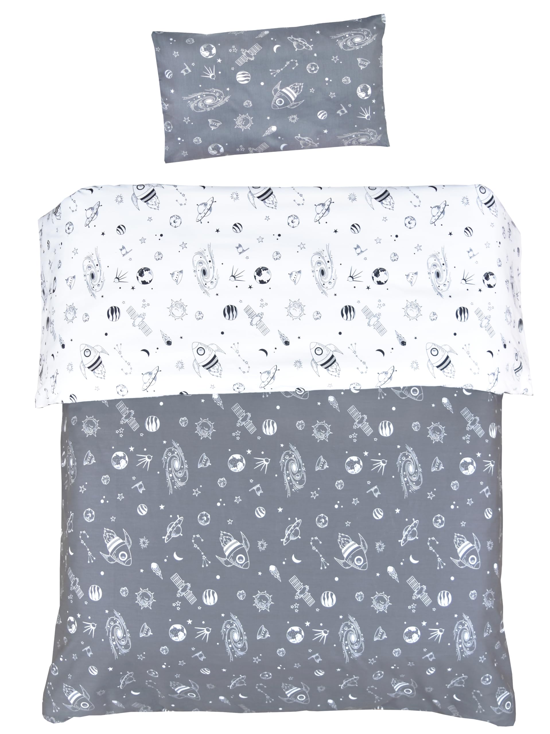 MEJU Rocket Planet Space Universe 100% Cotton Duvet Cover 43" X 59" + Pillowcase 13" X19" Bedding Set with Zipper Closure for Baby Toddler Boys Girls Crib Bed Decoration Gift (Rocket 2)