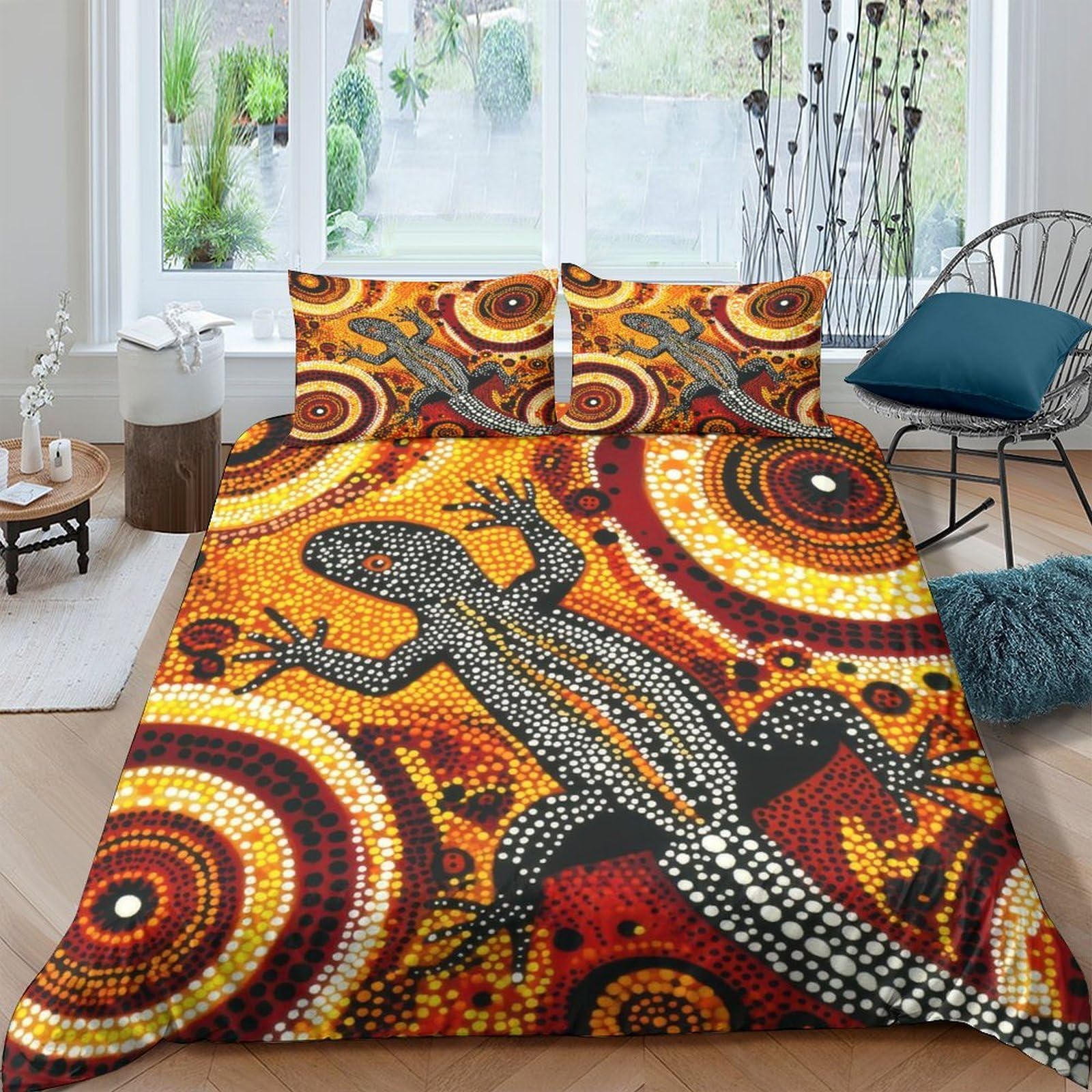 GPLZQXKJNH 3D Printed Tribal Lizard Duvet Cover Microfiber Soft Breathable Boho Circle Bedding Set with 2 Pillowcases for Bedroom Decor Single（135x200cm）