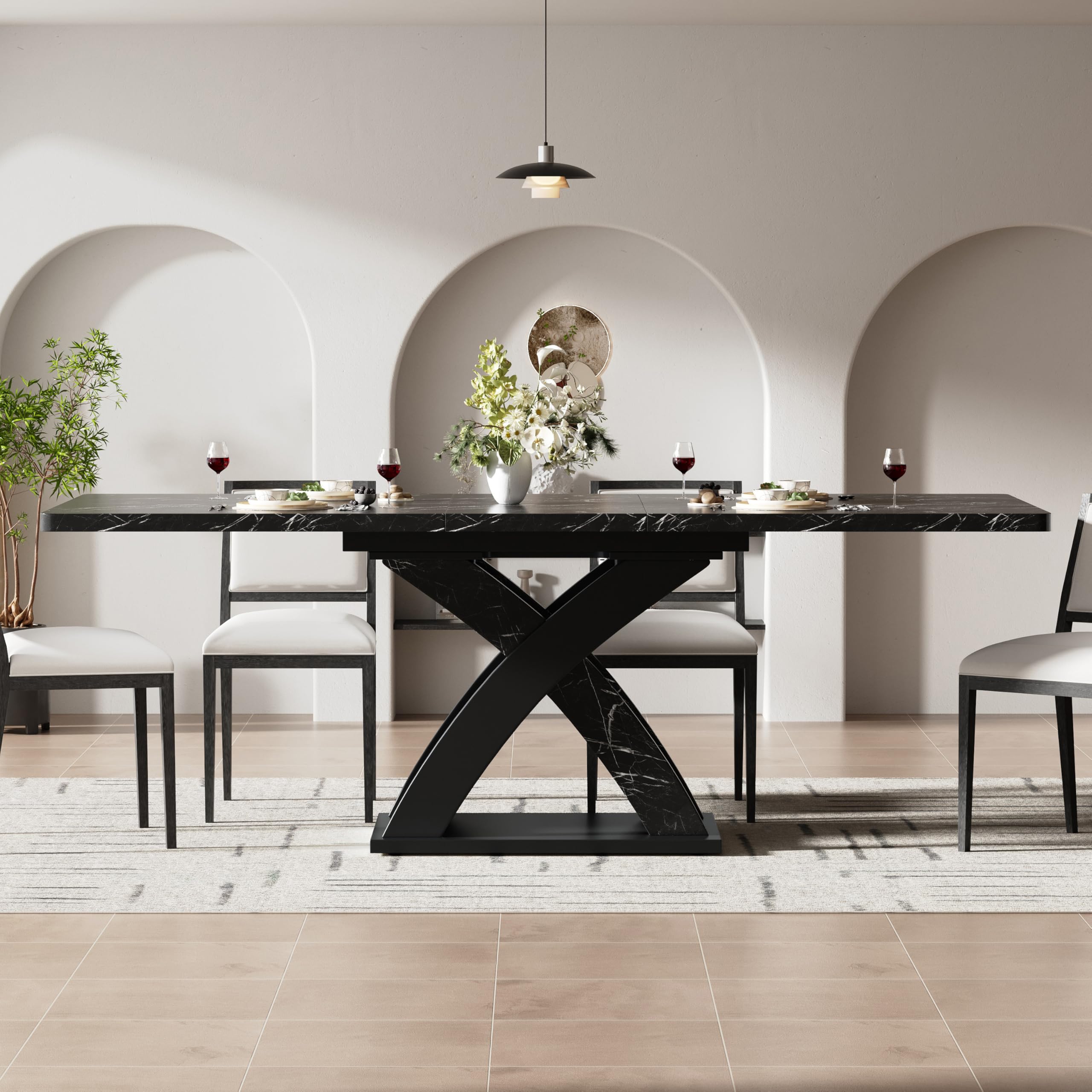 Wysuwany stół do jadalni, kuchni, jadalni lub patio – 160 cm, płyta MDF, solidny metal w kształcie litery X, do siedzenia dla 6 osób, idealny na spotkania rodzinne
