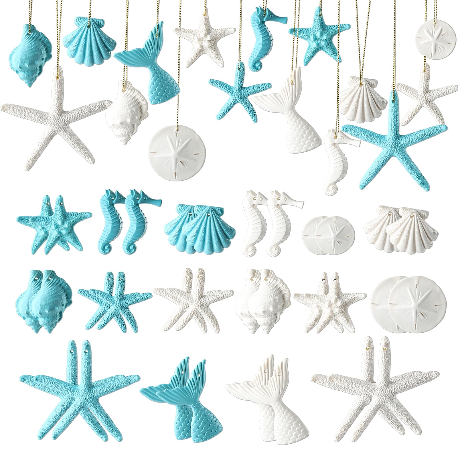 Fangoo 32Pièces Plage thème Ornements résine pour Arbre de Noël Coquillages étoiles de mer Cheval de mer canapé sirène Queue Forme accrochée pour fête d'été Anniversaire Salle de Bains décorations