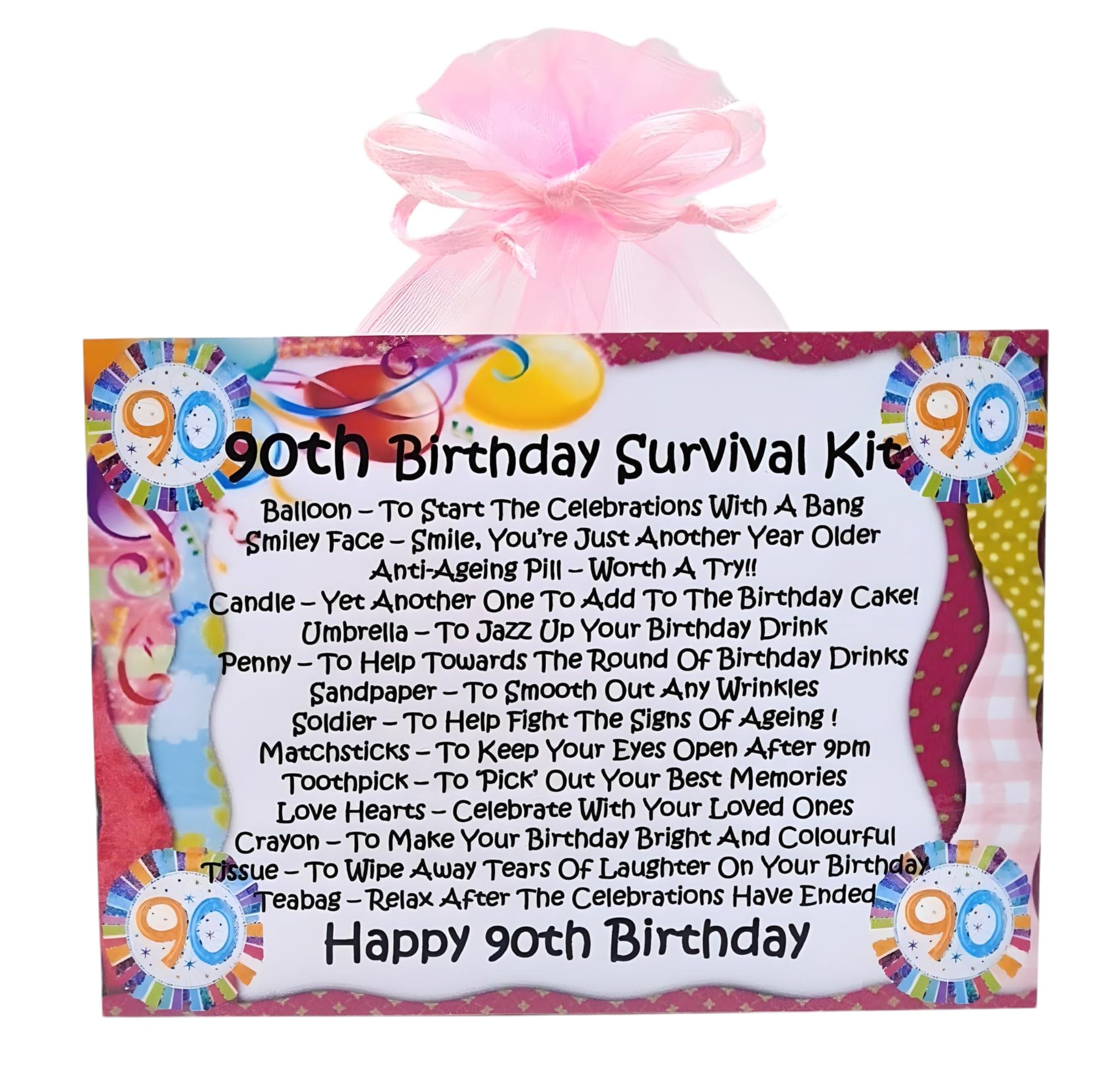 90th Birthday Survival Kit ~ (Pink) ~ Unique Sentimental Novelty Gift & Greetings Card | Happy Birthday | 90th Birthday Gift | Personalised Keepsake