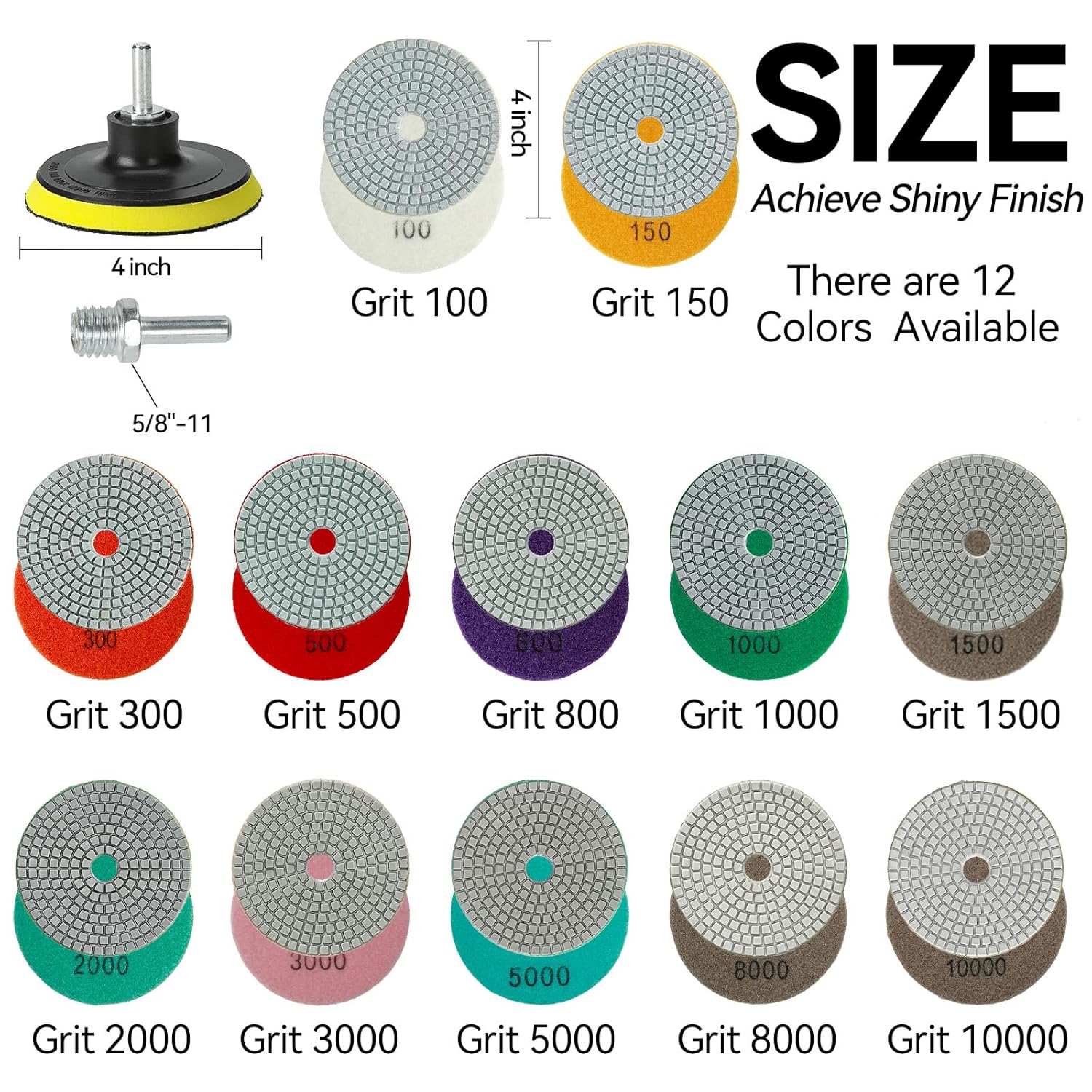 14-Piece Diamond Polishing Pads Set, Wet/Dry Quartz Polishing Kit, Granite, Stone, Concrete, Marble, Tile Polishing Pads for Grinder, 4-Inch, 100-10000 Grit with Hook & Loop Backer and Drill Adapter