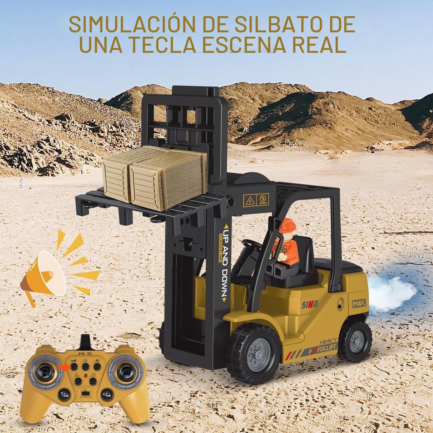 Mostop Carretilla elevadora RC con placa de soporte de construcción,Carretilla elevadora teledirigida 1/24 con cajas/sonido y spray de luz,Dos baterías recargables y cargador,Regalos para niños y