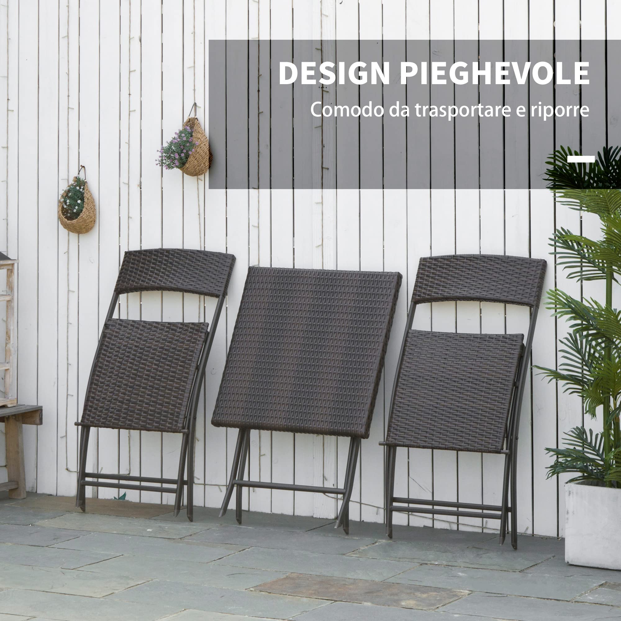 Outsunny Set da Giardino Pieghevole 3 Pezzi Rattan PE Metallo, 2 Sedie e Tavolino da Caffè, Protezione UV, Nero