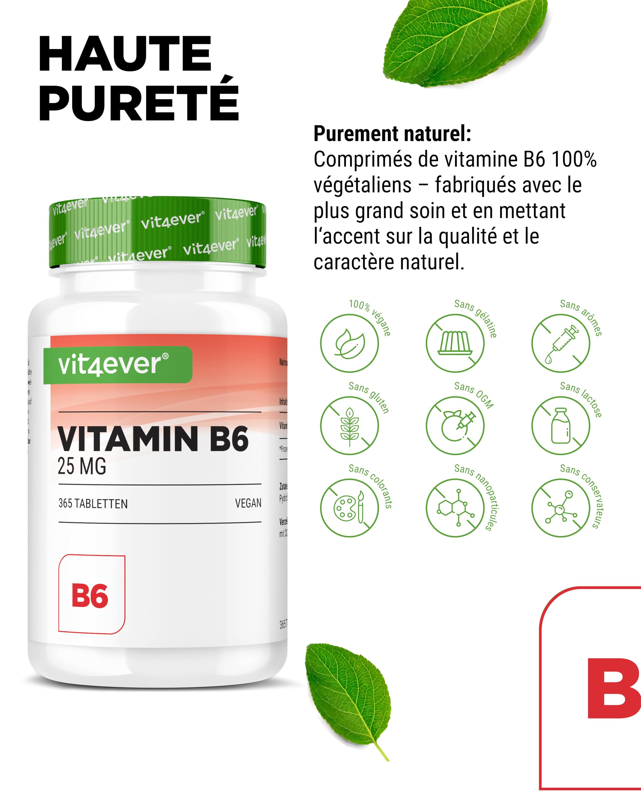 vit4ever Vitamine B6 sous Forme de P-5-P - 365 Comprimés - Hautement Dosée à 25 mg (Pyridoxal-5-Phosphate) - Premium : Vitamine B6 Bioactive - Sans Additifs Indésirables - Vegan