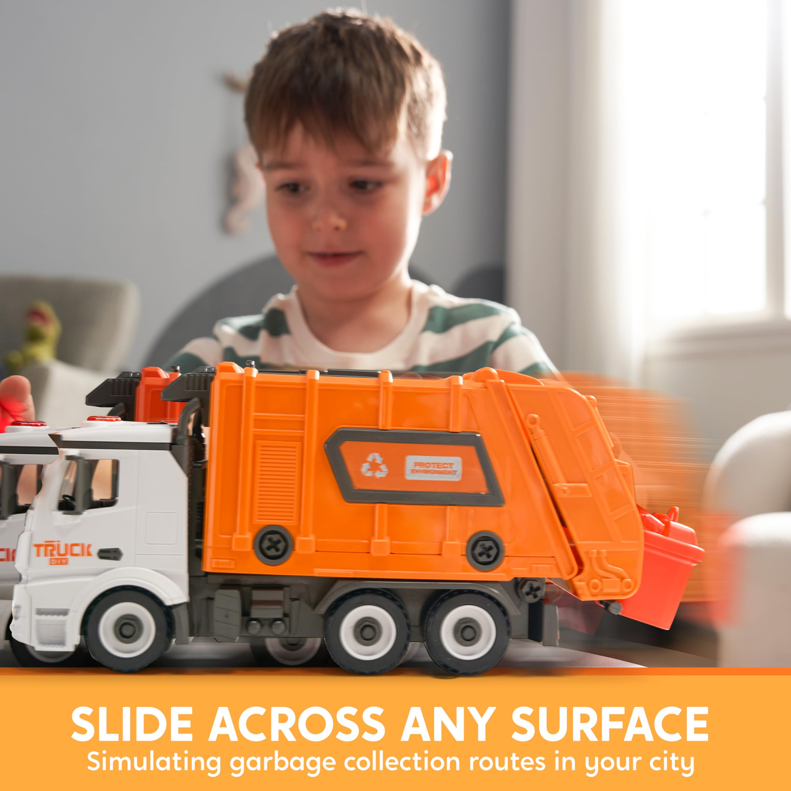 JOYIN Jumbo Take Apart Reibungsbetriebenes Side-Dump-Recycling-Müllwagen-Spielzeug mit Licht und Geräuschen, 3 Mülleimer, Schraubendreher-Spielzeug, für DIY-Montage, Orange