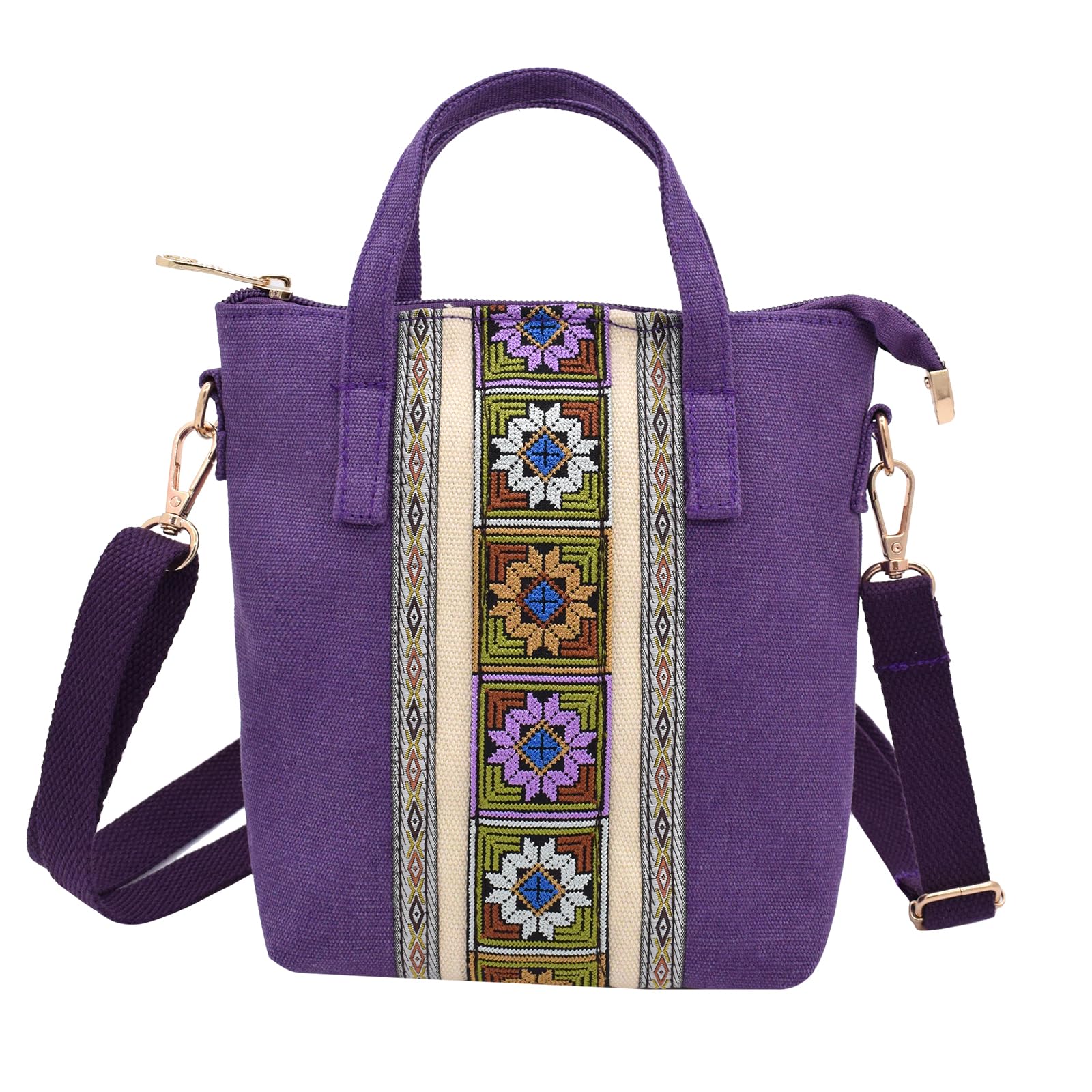 TeeYee Damen Klein Boho Canvas Umhängetasche Embroidery Mini Crossbody Bag Handtasche mit Abnehmbarer Schultergurt