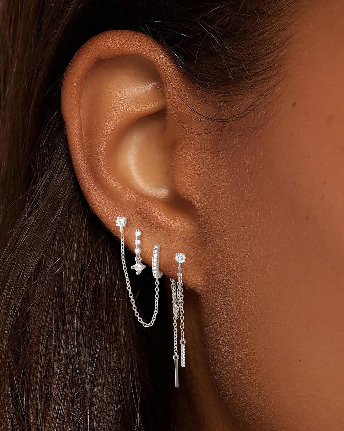 Gold Silver Earrings for Women Trendy 14K Gold Plated Dangle Hypoallergenic Cartilage Earrings Small 925 Sterling Silver Post Dainty Hoop Drop Pearl Earring Stacks Set Huggie Chain Earrings Jewelry - Image 2