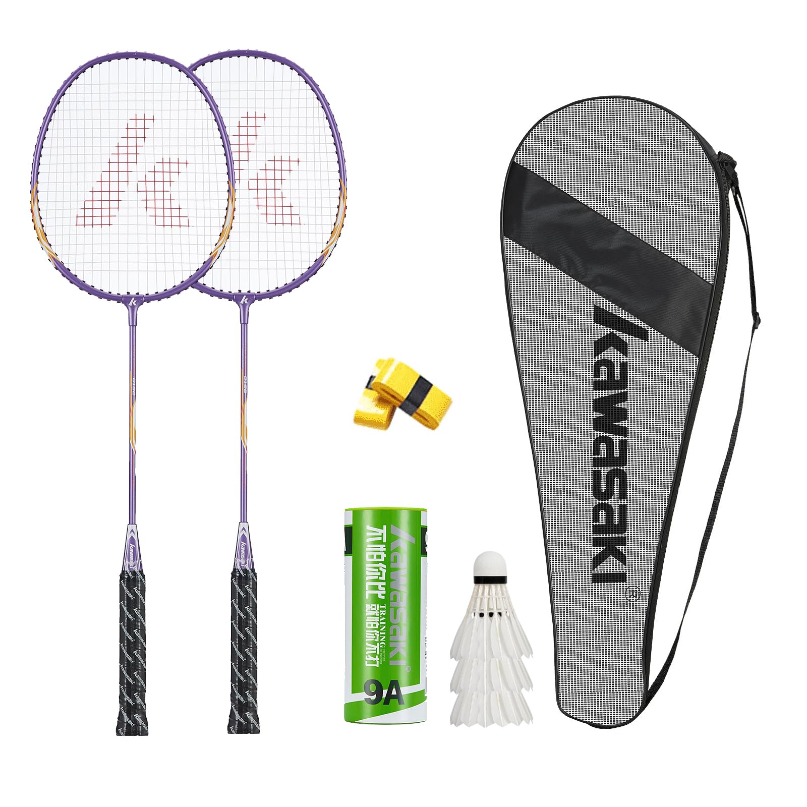 Kawasaki Badminton Racket Set of 2, Lightweight Professional Rackets with 3 Shuttlecock, 2 Overgrips and 1 Bag, Graphite Shaft Alloy Frame Badminton Sets for Sports and Entertainment (Purple)