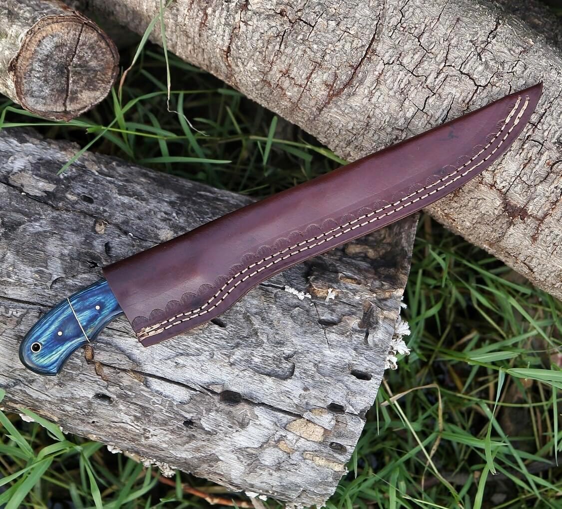 Handmade Fillet Knife 13” - Boning Knife flexible Curved Blade, Multipurpose Fillet Knife, Featuring Wood Handle and Leather Sheath - Stain & Corrosion Resistant – (Blue Wood)”