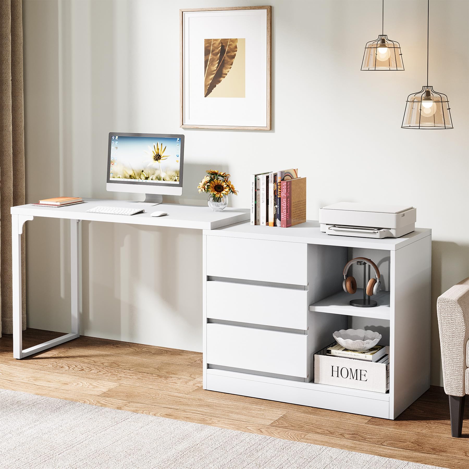 Tribesigns Schreibtisch, L-förmiger Computertisch mit Schubladen und Regalen, wendbarer weißer Eckschreibtisch mit Aufbewahrungsschrank, moderner Arbeitstisch für Homeoffice, Schlafzimmer