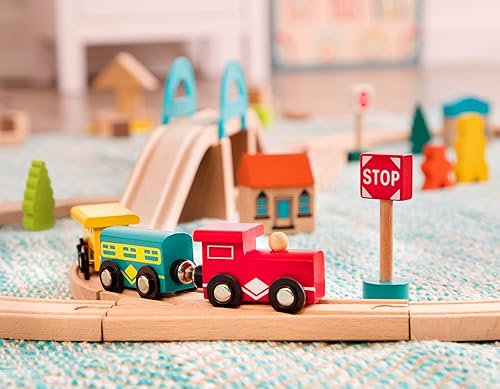 Miniatura 9 de B. toys - Juego de tren de madera y ruedas - Juego de tren de madera de 47 piezas - Vías de tren y accesorios - Cubo de almacenamiento con tapa de