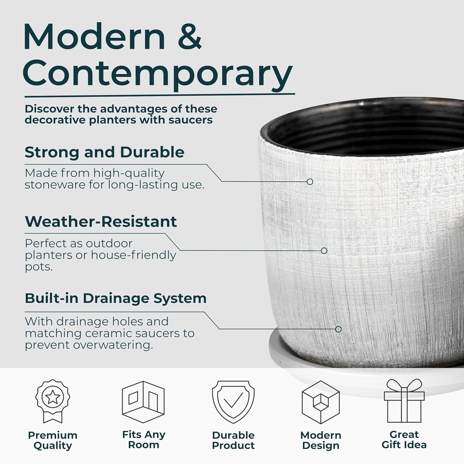 Textured Ceramic Flower Pots with Saucer for Home Decor - Modern Planters and Pots for Garden Plants- Elegant Planters for Indoor Plants and Outdoor Use - Set of 2, 6", 5", Silver & Metallic
