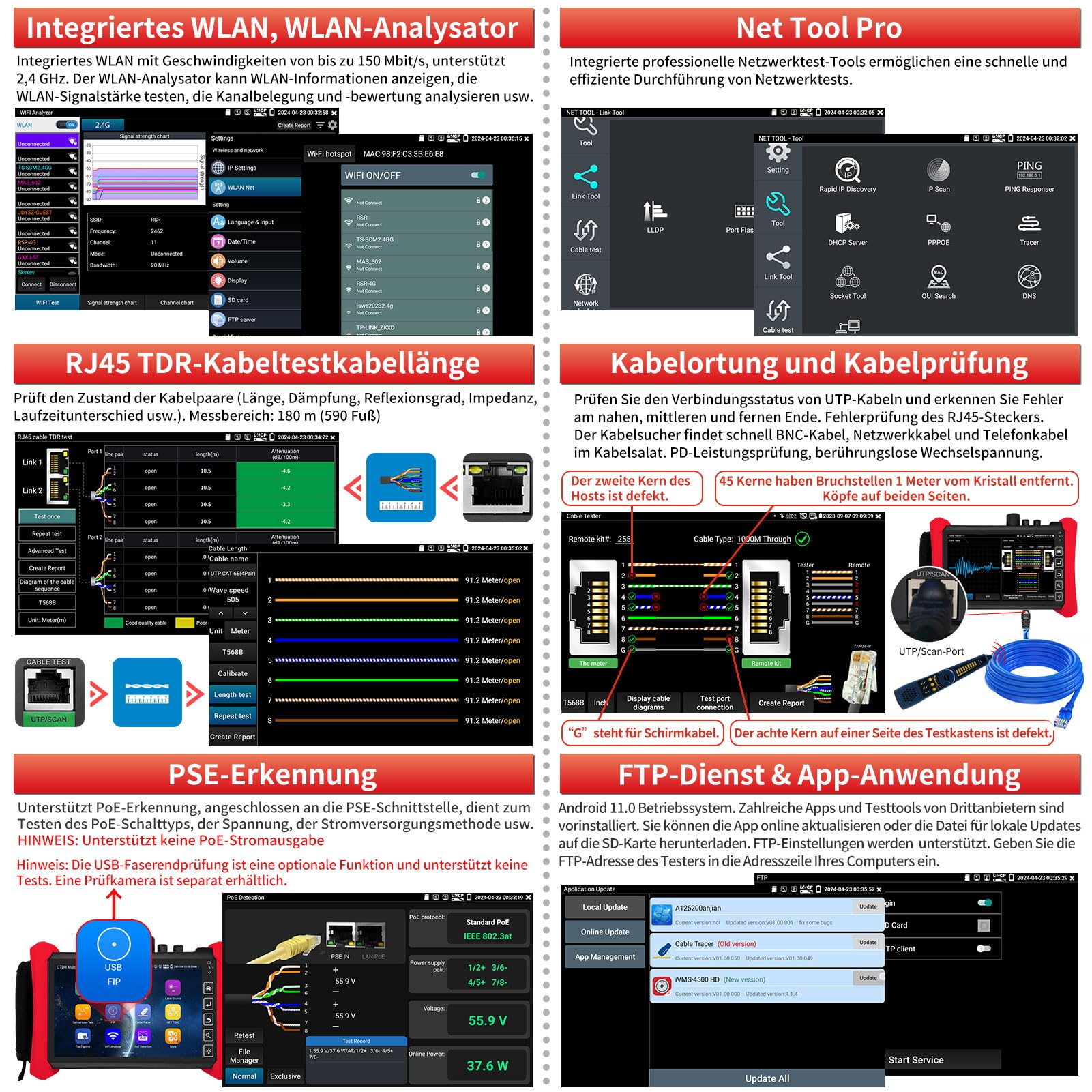 Henkion OTDR-Glasfasermessgerät 8 Zoll IPS-Touchscreen, 1610 nm 32 dB Live Testing, Multifunktionaler Netzwerktester mit Expert Event Map, LS, OPM, VFL, OLS, WiFi und RJ45 Kabeltest Network Tools