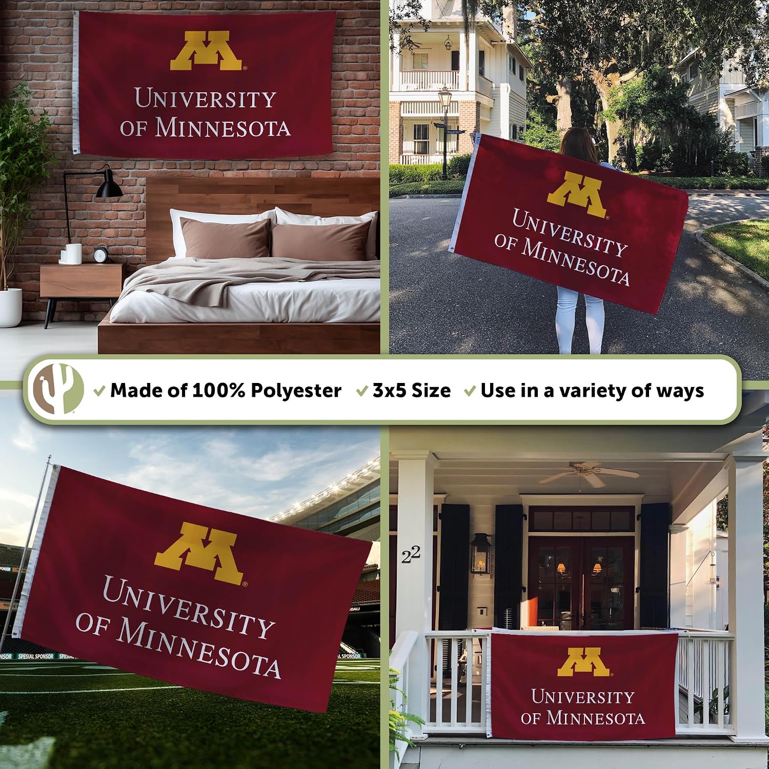 Desert Cactus University of Minnesota UM Flag - 3 x 5 Feet Gophers Banner, Indoor/Outdoor Durable Fabric, 100% Polyester Design (Style 5)