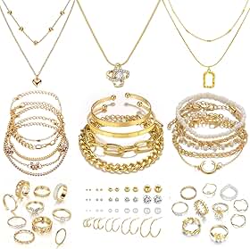 IFKM Gold Plated Jewelry Set for Women,14k Gold Plated Multi Layer Necklaces Stackable Bangle Bracelets Stackable Knuckle Rings Hoop Earrings Set Anniversary Trendy Elegance Charms Anniversary Birthday Jewelry Gift