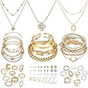 IFKM Gold Plated Jewelry Set for Women,14k Gold Plated Multi Layer Necklaces Stackable Bangle Bracelets Stackable Knuckle Rings Hoop Earrings Set Anniversary Trendy Elegance Charms Anniversary Birthday Jewelry Gift