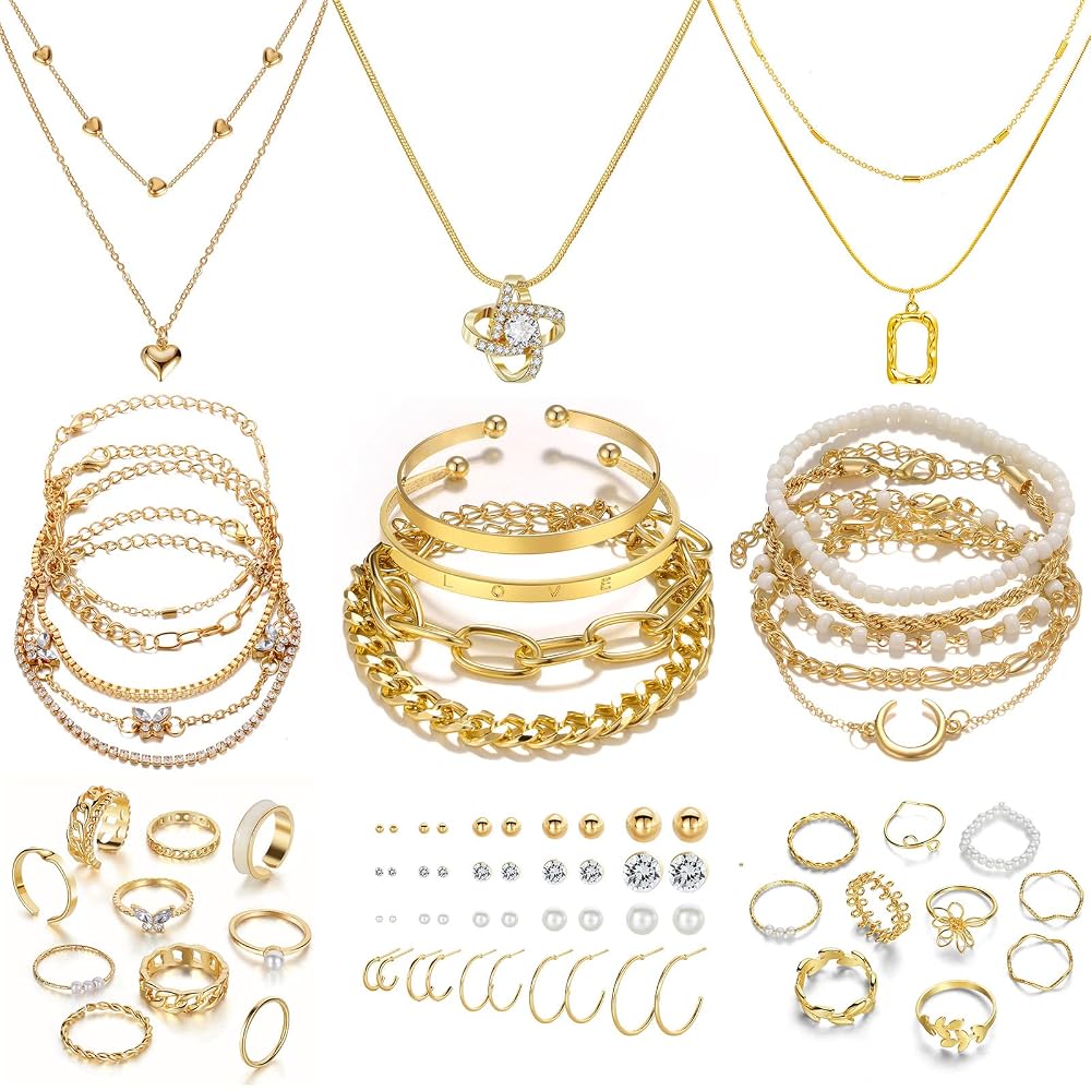 IFKM Gold Plated Jewelry Set for Women,14k Gold Plated Multi Layer