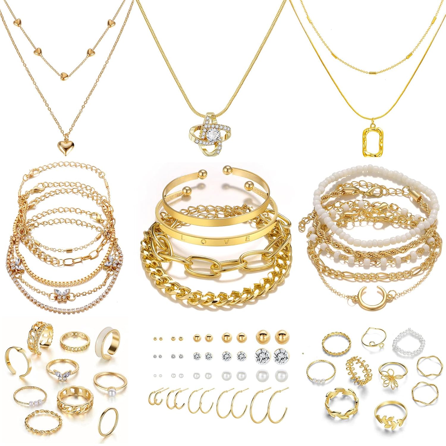 IFKM Gold Plated Jewelry Set for Women 14k Gold Plated Multi Layer Necklaces Stackable Bangle Bracelets Stackable Knuckle