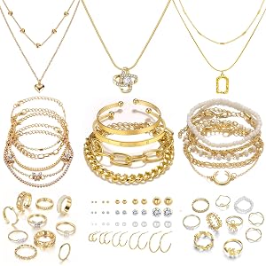 IFKM Gold Plated Jewelry Set for Women 14k Gold Plated Multi Layer Necklaces Stackable Bangle Bracelets Stackable Knuckle