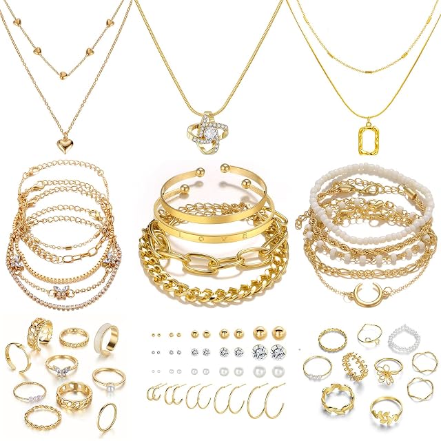 IFKM Gold Plated Jewelry Set for Women 14k Gold Plated Multi Layer Necklaces Stackable Bangle Bracelets Stackable Knuckle