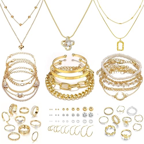 IFKM Gold Plated Jewelry Set for Women,14k Gold Plated Multi Layer Necklaces Stackable Bangle Bracelets Stackable Knuckle Rings Hoop Earrings Set Anniversary Trendy Elegance Charms Anniversary Birthday Jewelry Gift