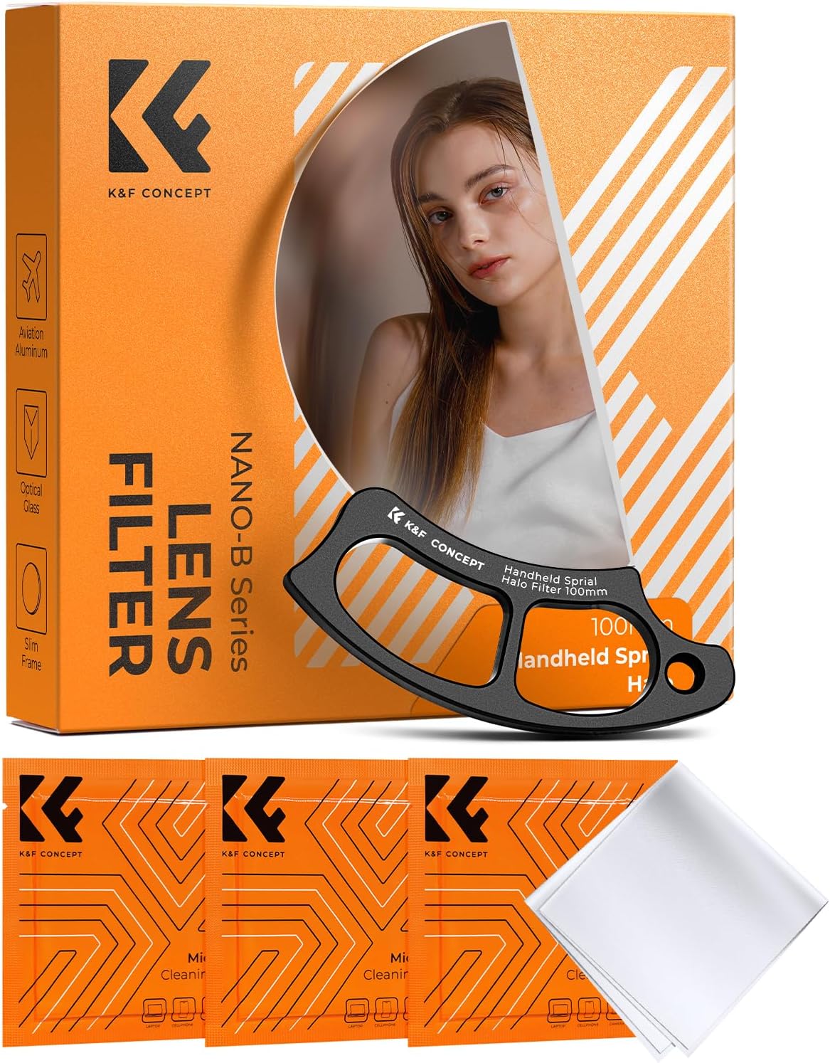 K&F CONCEPT 100mm Spiral Halo Camera Lens Filter Special Effects for Camera Lens Clear Optical Glass with Cleaning Cloth
