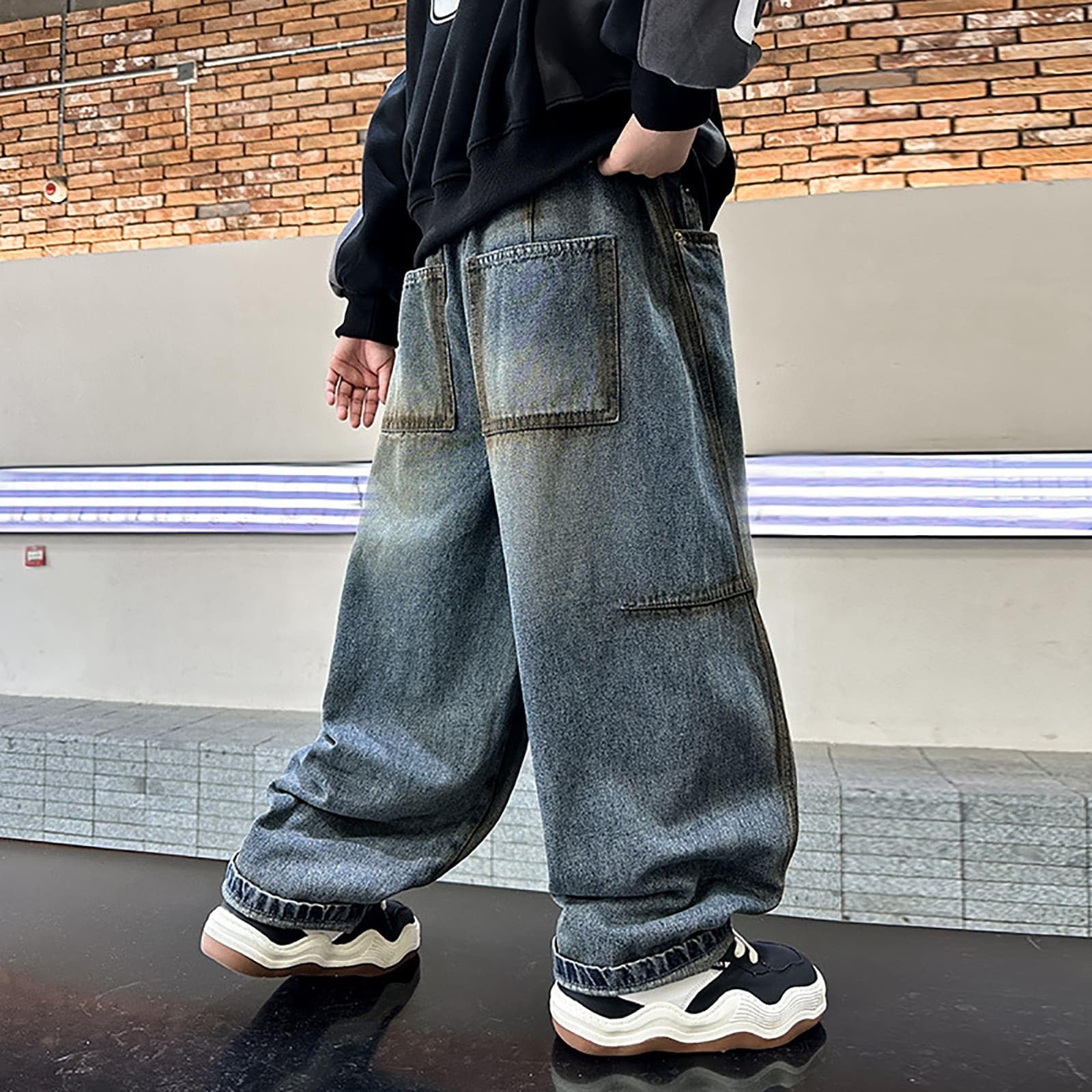 Generico Jeans Bambino 4-14 Anni Elasticizzati Larghi Pantaloni Jeans Denim Ragazzo Elastico in Vita Dritto Comfort Pantaloni Lavoro Cargo Ampia Autunnale Y2K Streetwear Tasche