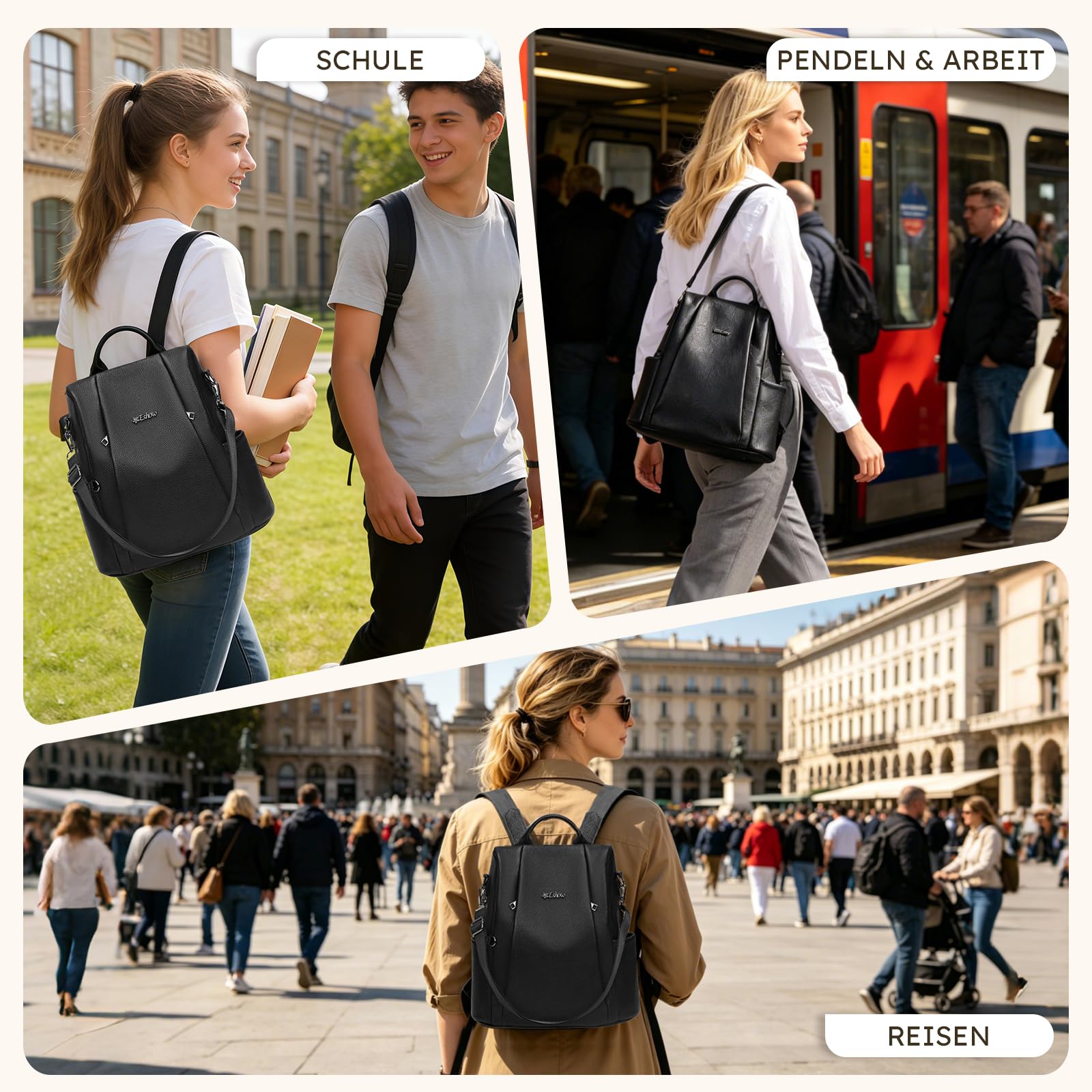 Eshow Rucksack Damen Klein aus Echtleder Diebstahlschutz 3-in-1 Schwarz | Cityrucksack für Freizeit Alltag Pendeln Schule Arbeit Reisen Büro Einkaufen, Wasserabweisend, Elegant, Modern