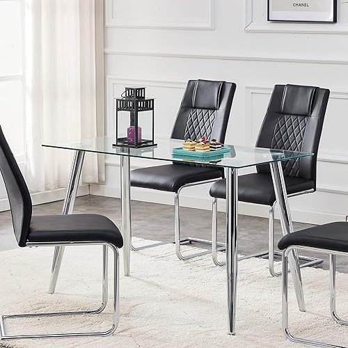 Miniatura 2 de Mesa de comedor de cristal moderna minimalista rectangular para 4-6 personas con mesa de vidrio templado de 0.31 pulgadas y patas de metal cromado