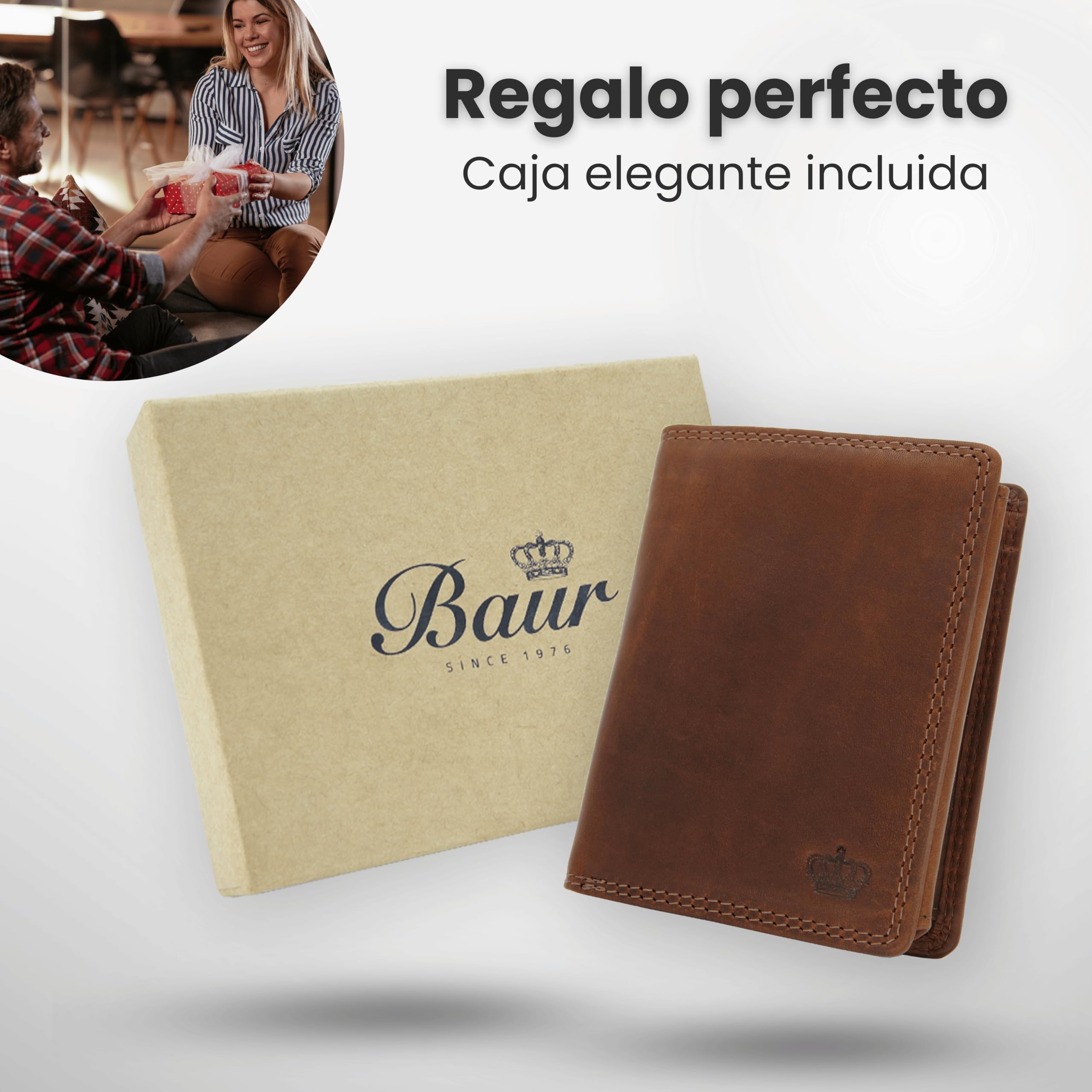 Baur - Cartera de piel auténtica para hombre, con protección RFID, marrón oscuro, 10cmx12,6cmx2cm, Clásico