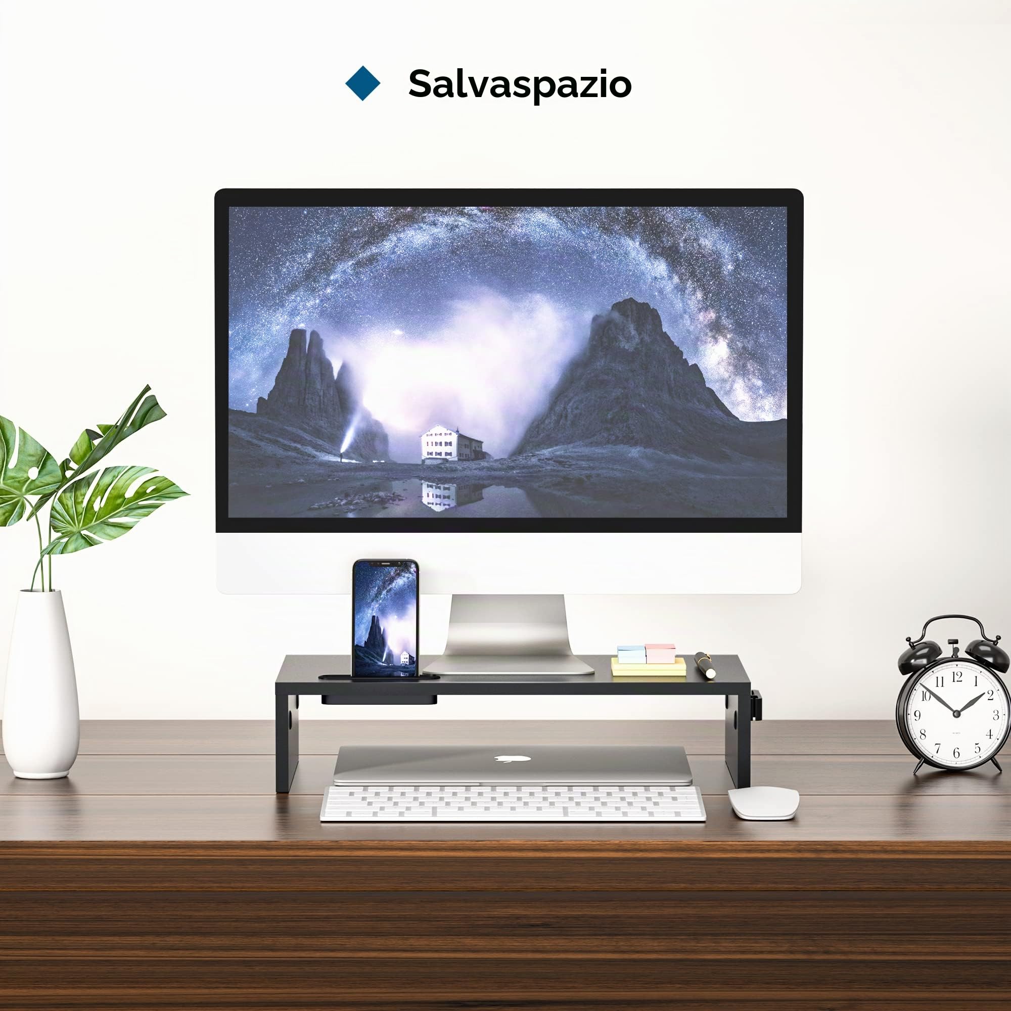 BONTEC Supporto per Monitor in Legno, per Monitor da Tavolo ergonomico per Laptop, Computer, Notebook, iMac, Stampanti, Portata Fino a 30 kg, W420 x D235 x H104mm, Nero