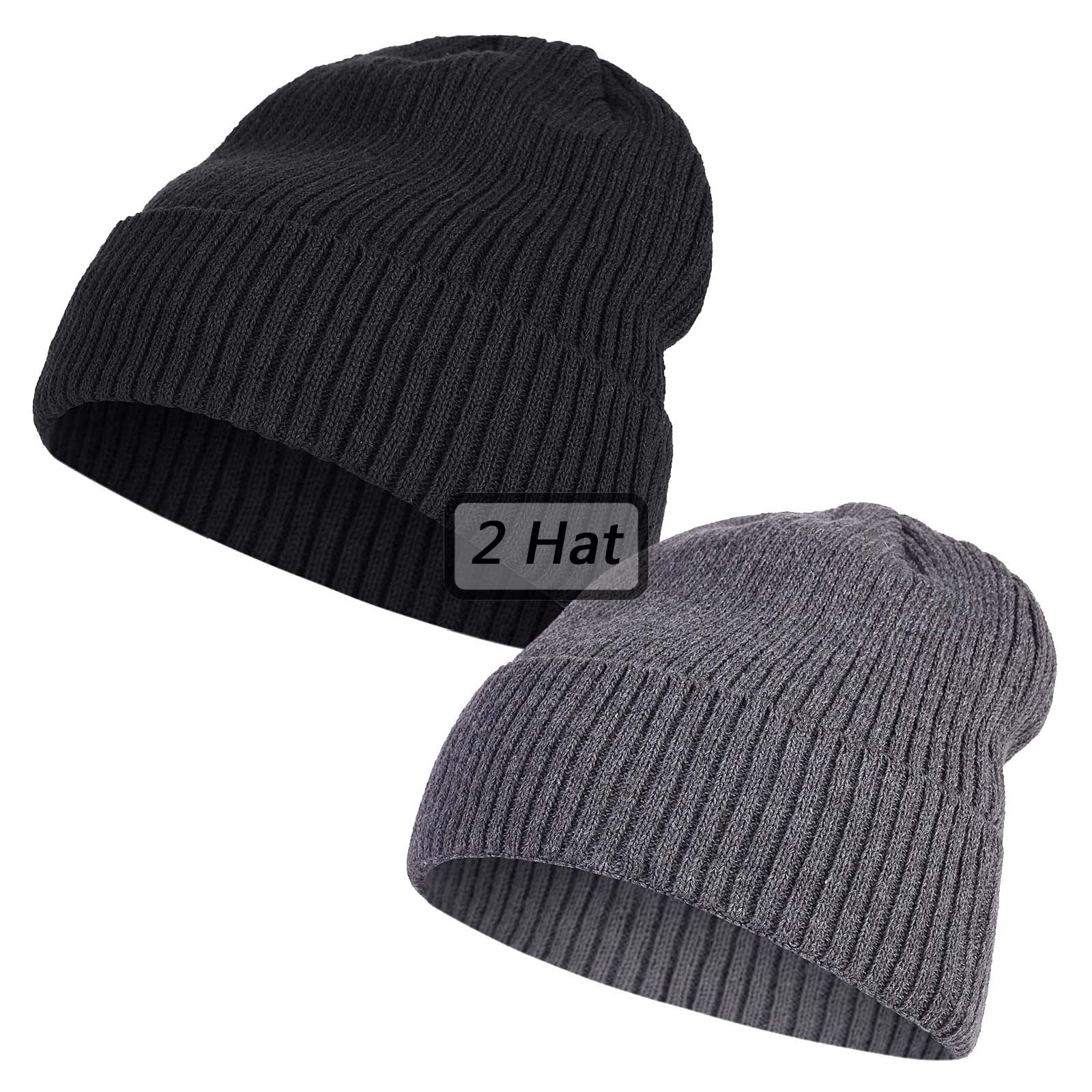 AOSMI 2 Pack Fleece Lined Slouchy Stocking Winter Warm Beanie Men Women Soft Knit Thermal Cuffed Skull Cap