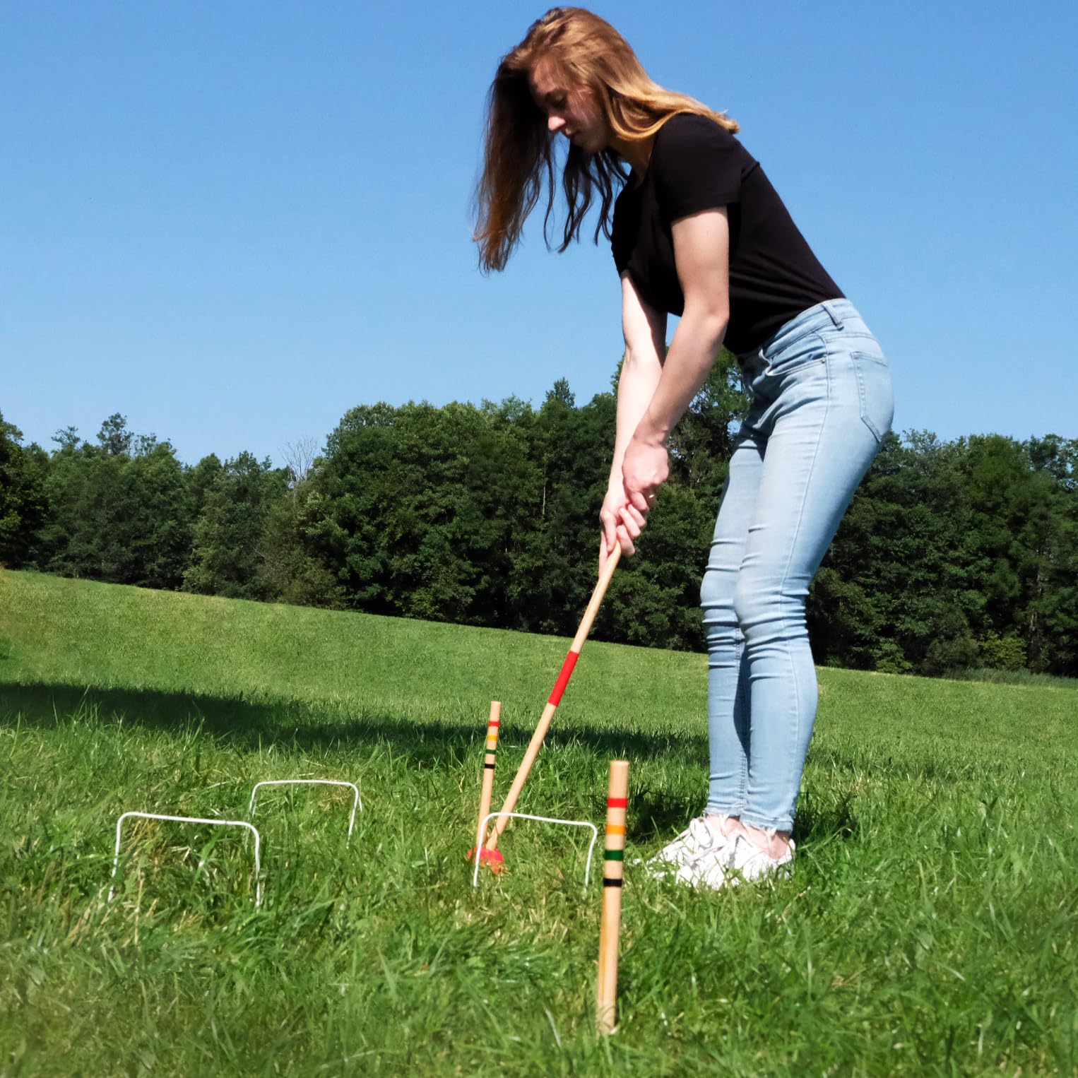 Carromco 4er Krocket Set Erwachsene, Holz Krocket Kinder Outdoor Spiel Basic-XM, 4 Spieler, Croquet Spiel aus Holz