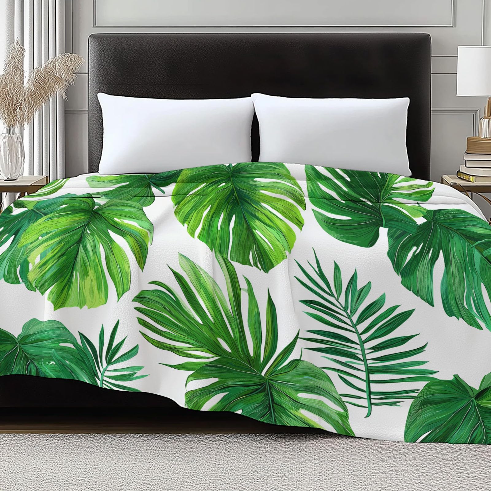Coperta Plaid Pile in Flanella 180x220 cm Coperta Pile Piccola Tema Tropicale Verde Foglie, Morbida Soffice Calda Coperte per Divano Singolo Matrimoniale Letto Bianco